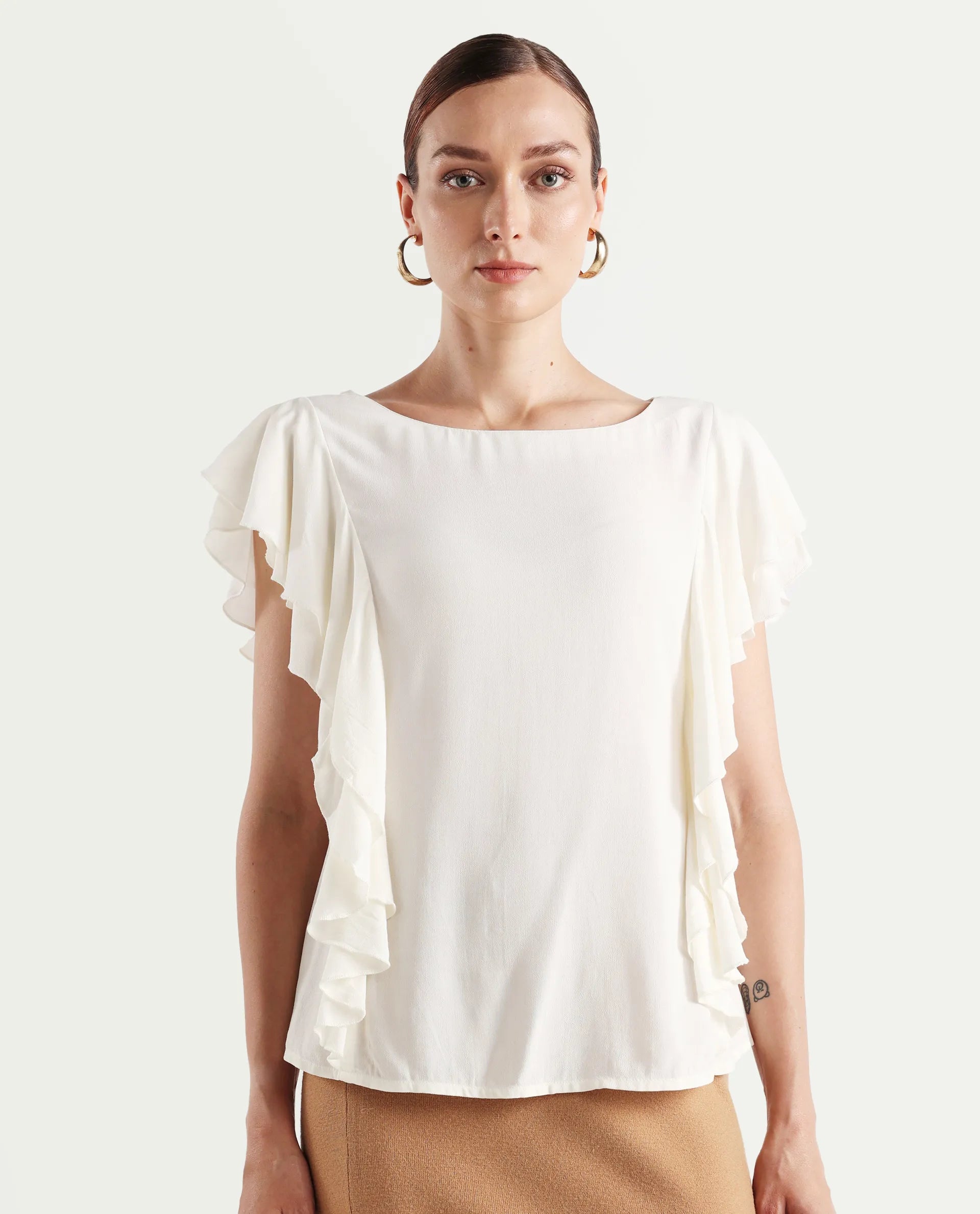 Rareism Women's Samal Off White Viscose Blend Boat Neck Plain Ruffled Sleeve Regular Fit Top