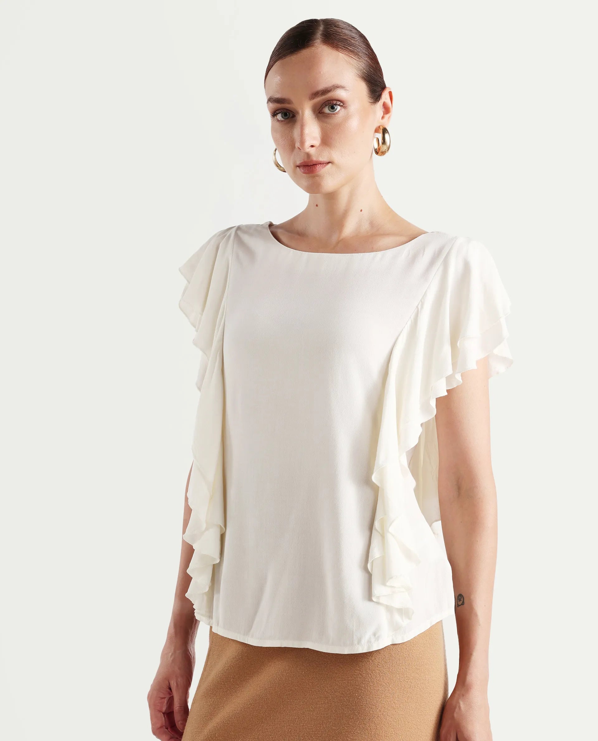 Rareism Women's Samal Off White Viscose Blend Boat Neck Plain Ruffled Sleeve Regular Fit Top