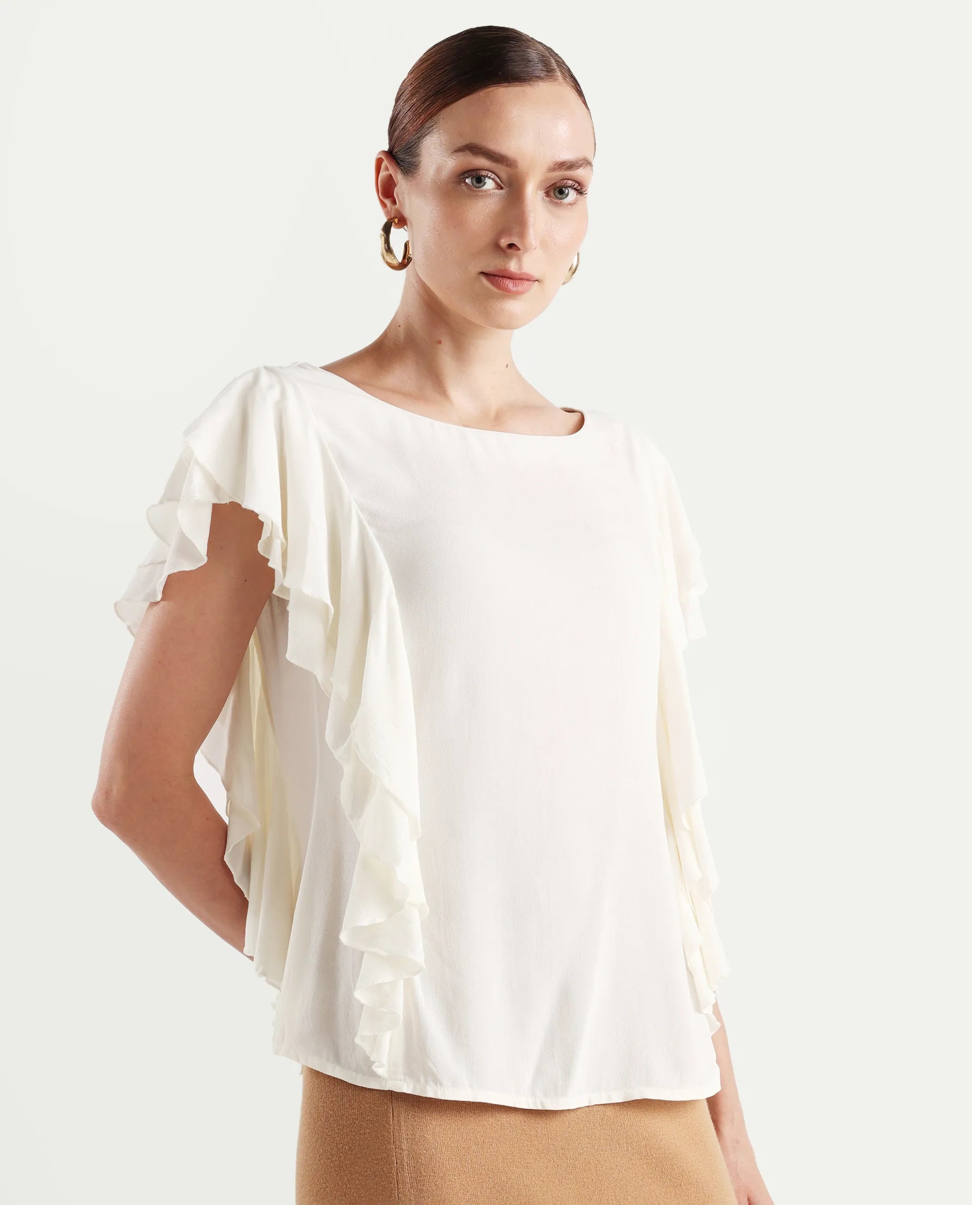 Rareism Women's Samal Off White Viscose Blend Boat Neck Plain Ruffled Sleeve Regular Fit Top