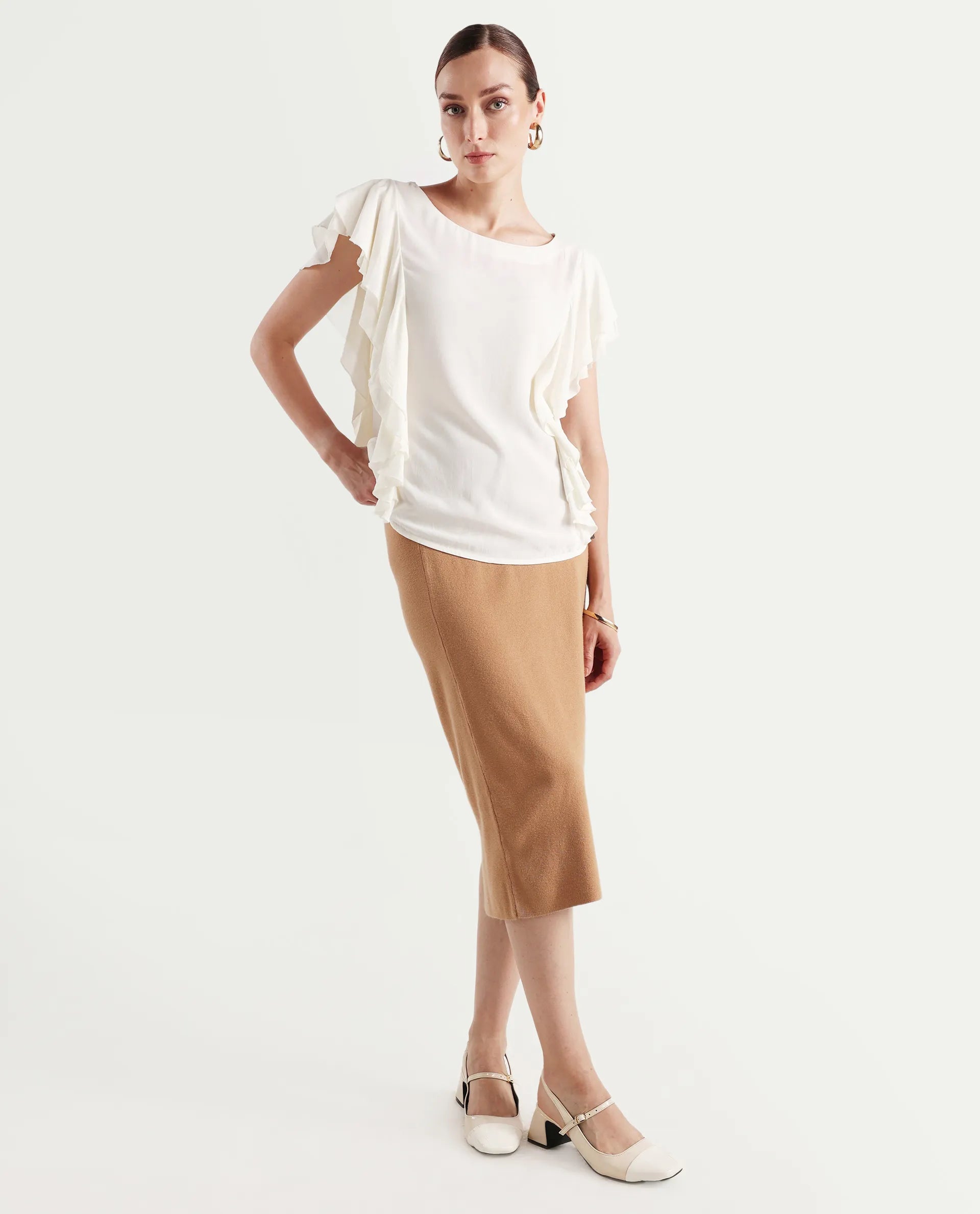 Rareism Women's Samal Off White Viscose Blend Boat Neck Plain Ruffled Sleeve Regular Fit Top