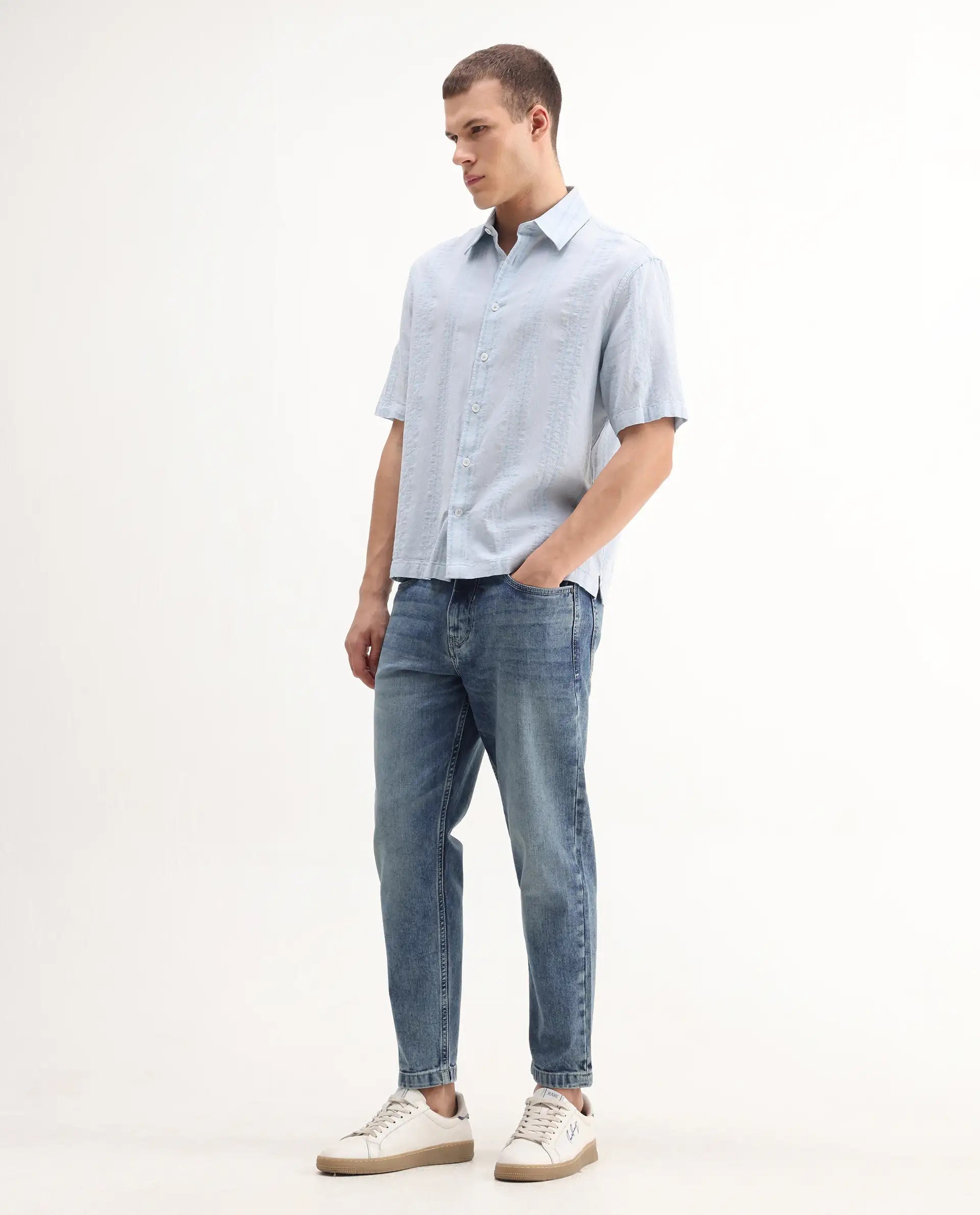 Rare Rabbit Men's Sam Blue Cotton Plain Kurt Carrot Fit Jeans