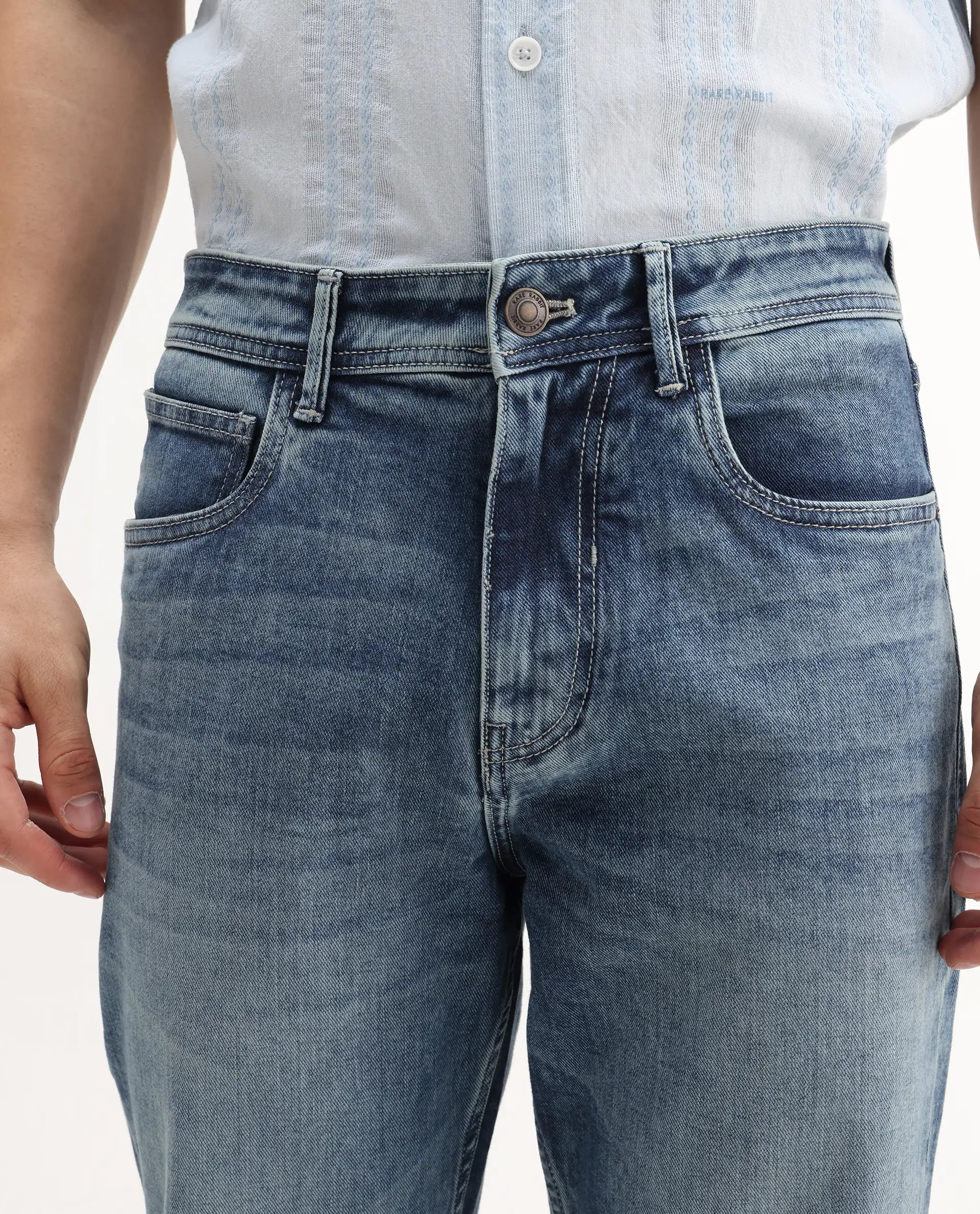 Rare Rabbit Men's Sam Blue Cotton Plain Kurt Carrot Fit Jeans