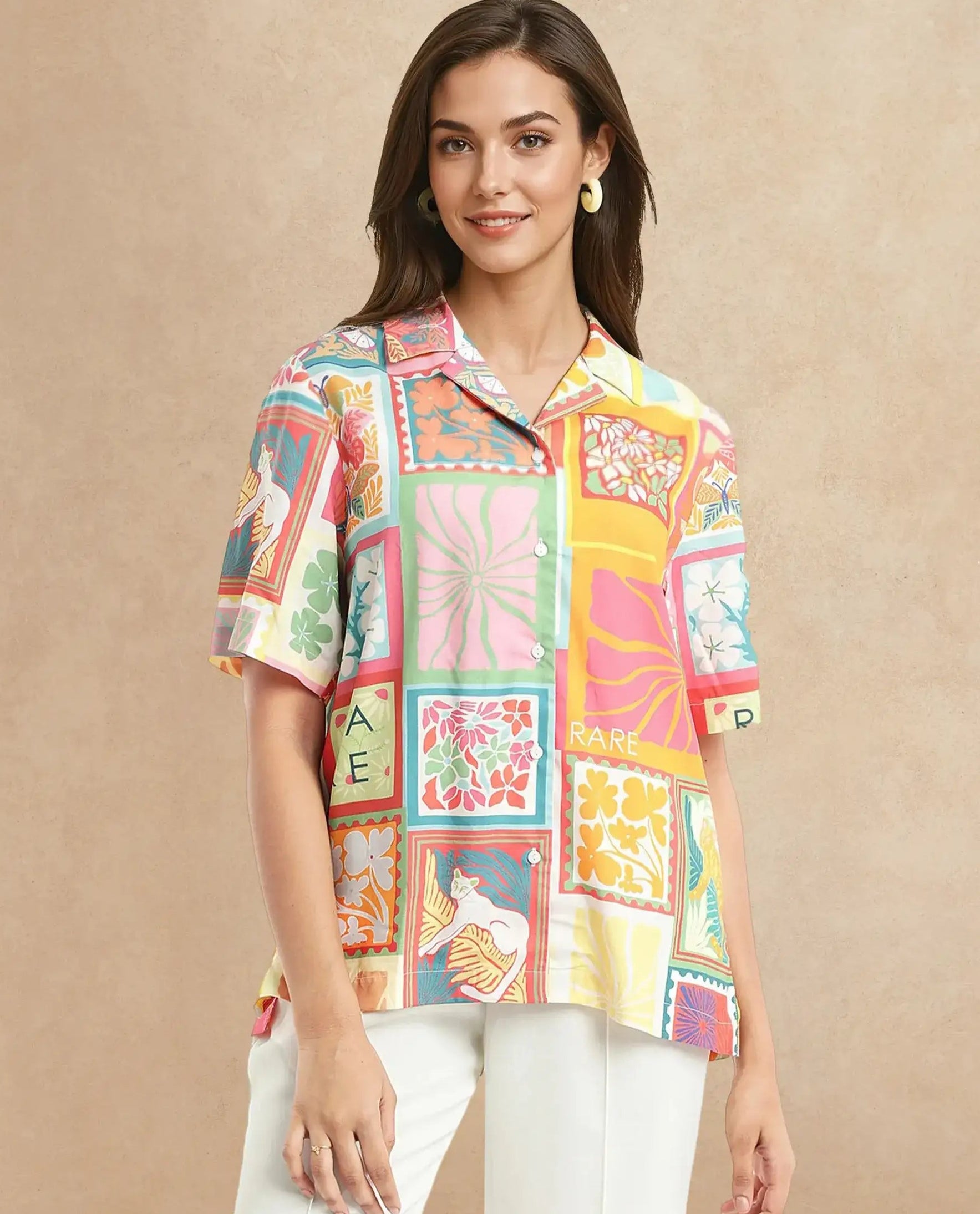 Rareism Women Sampige Multi Short Sleeve Collared Neck Button Closure Relaxed Fit Abstract Print Top