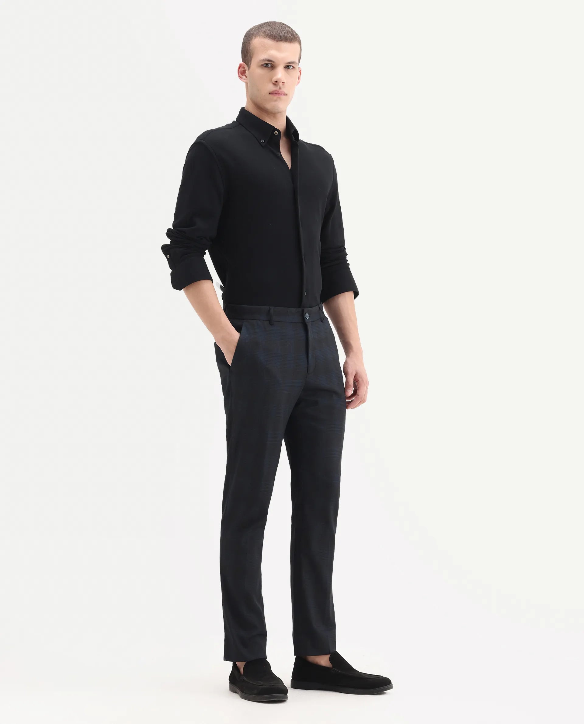 Rare Rabbit Men's Sander Navy Polyester Checked Print Regular Fit Trouser