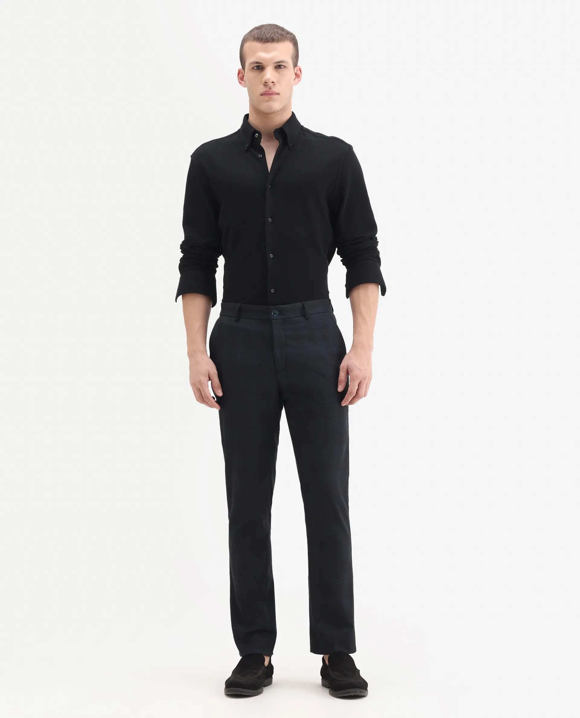 Rare Rabbit Men's Sander Navy Polyester Checked Print Regular Fit Trouser