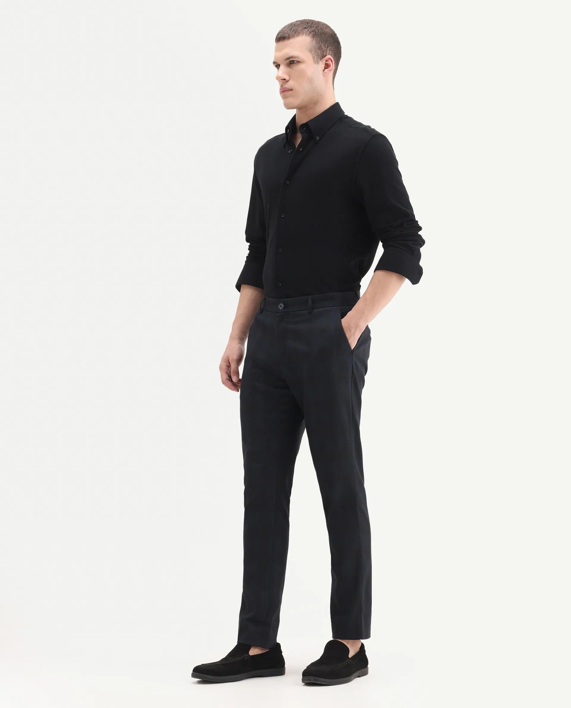 Rare Rabbit Men's Sander Navy Polyester Checked Print Regular Fit Trouser