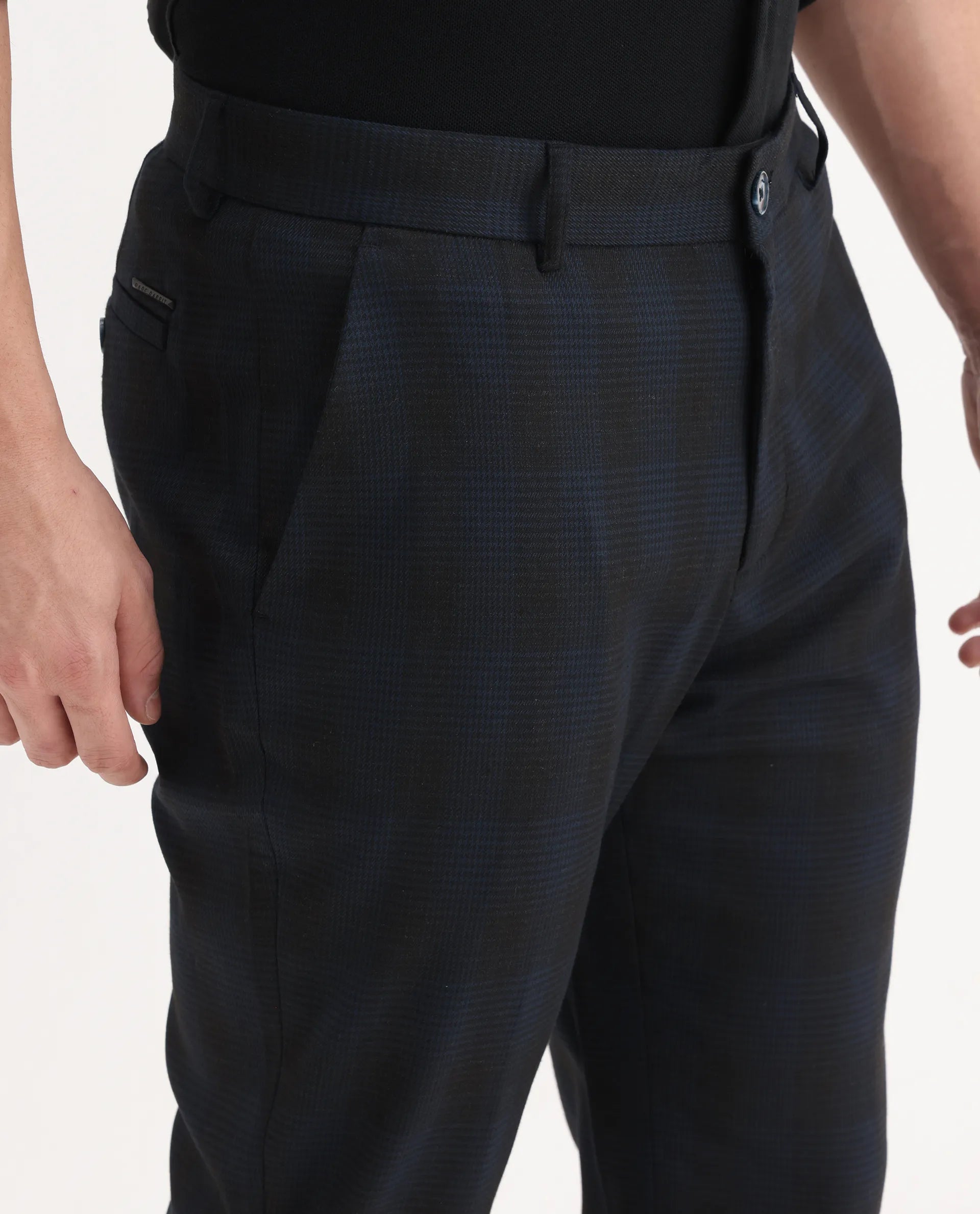 Rare Rabbit Men's Sander Navy Polyester Checked Print Regular Fit Trouser