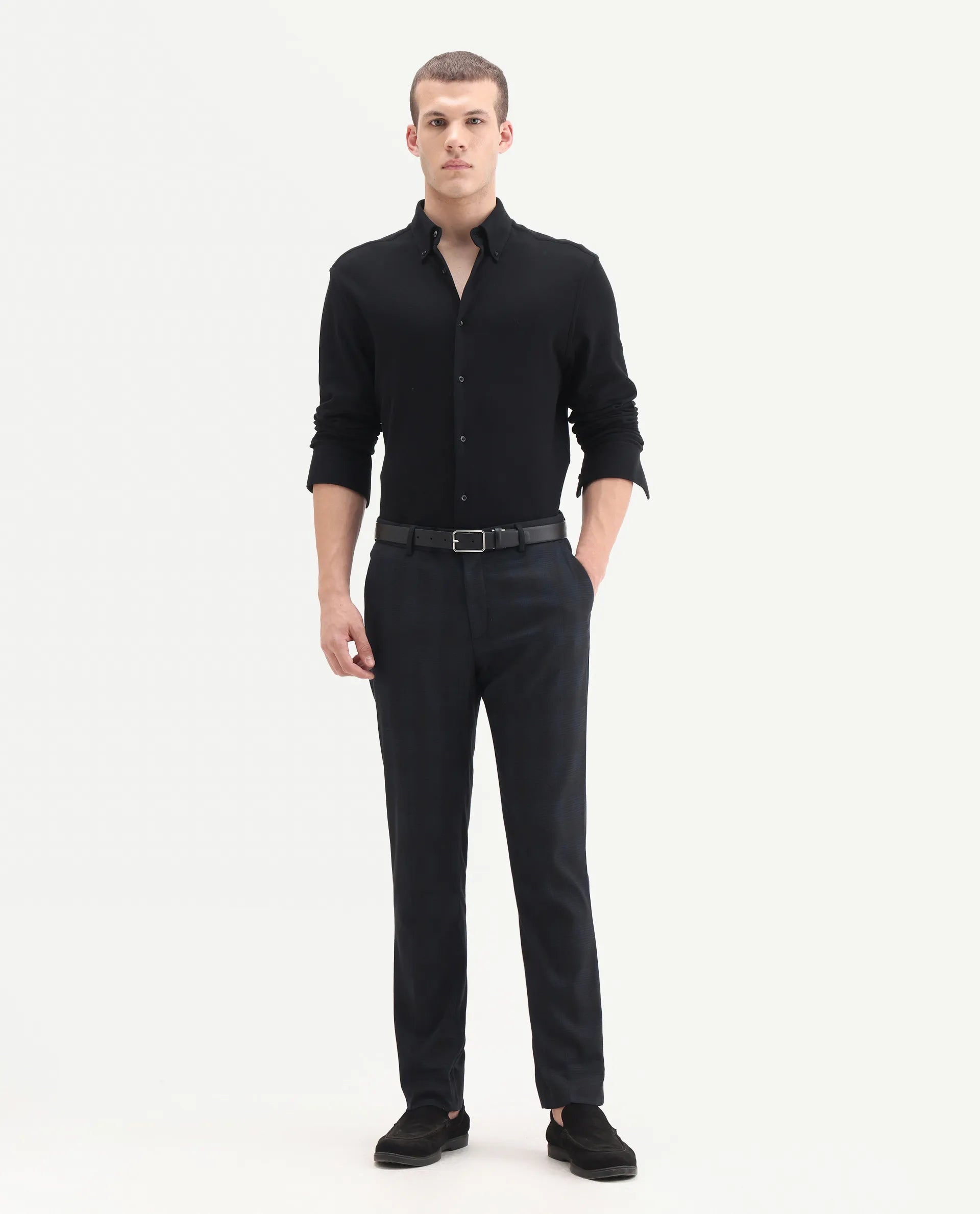 Rare Rabbit Men's Sander Navy Polyester Checked Print Regular Fit Trouser