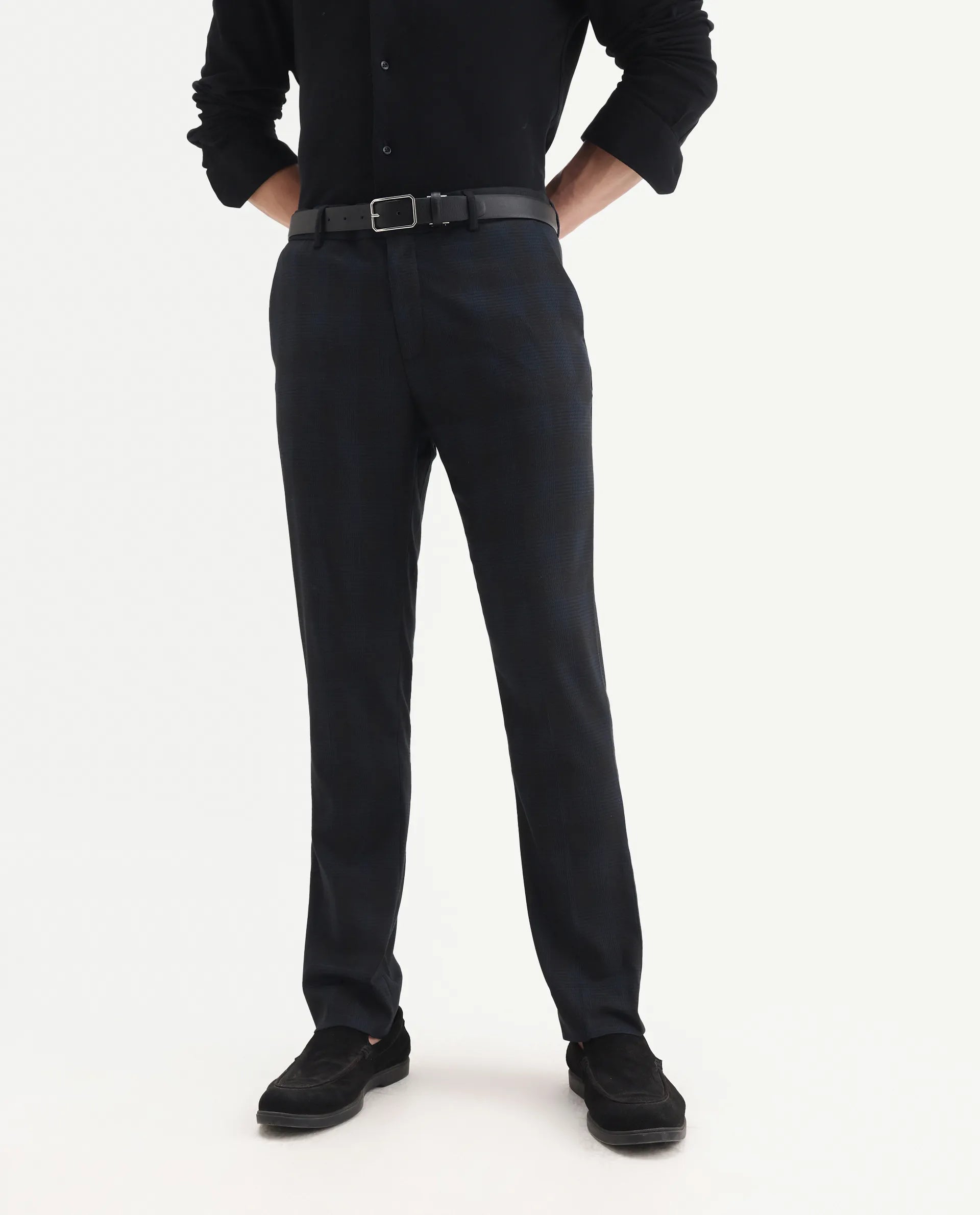 Rare Rabbit Men's Sander Navy Polyester Checked Print Regular Fit Trouser