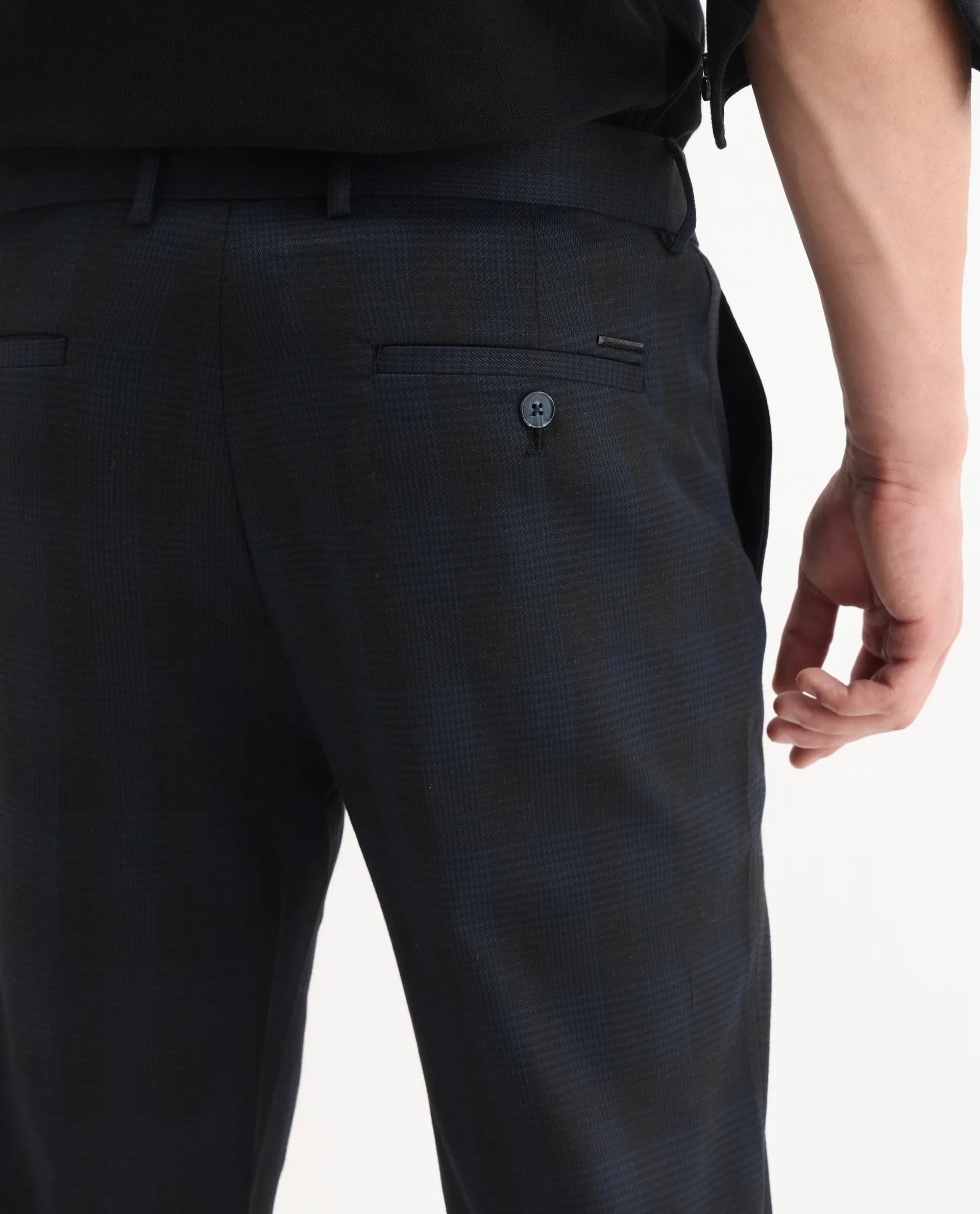 Rare Rabbit Men's Sander Navy Polyester Checked Print Regular Fit Trouser