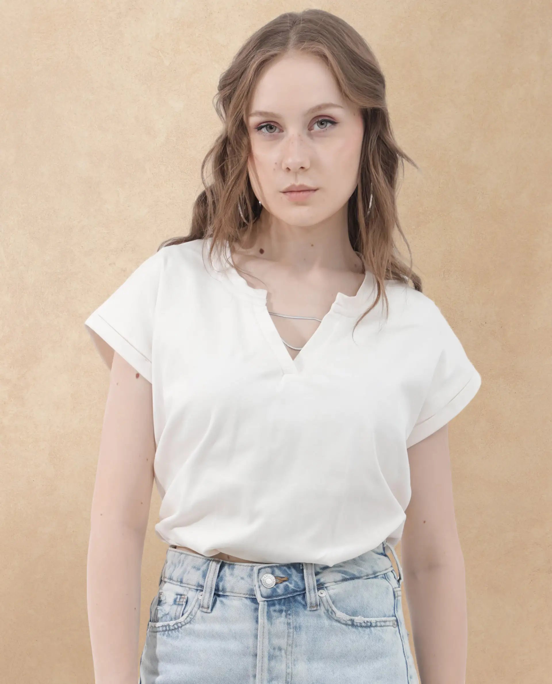 Rareism Women Sanderson Off White Cotton Fabric Short Sleeve V-Neck Solid Regular Fit Top