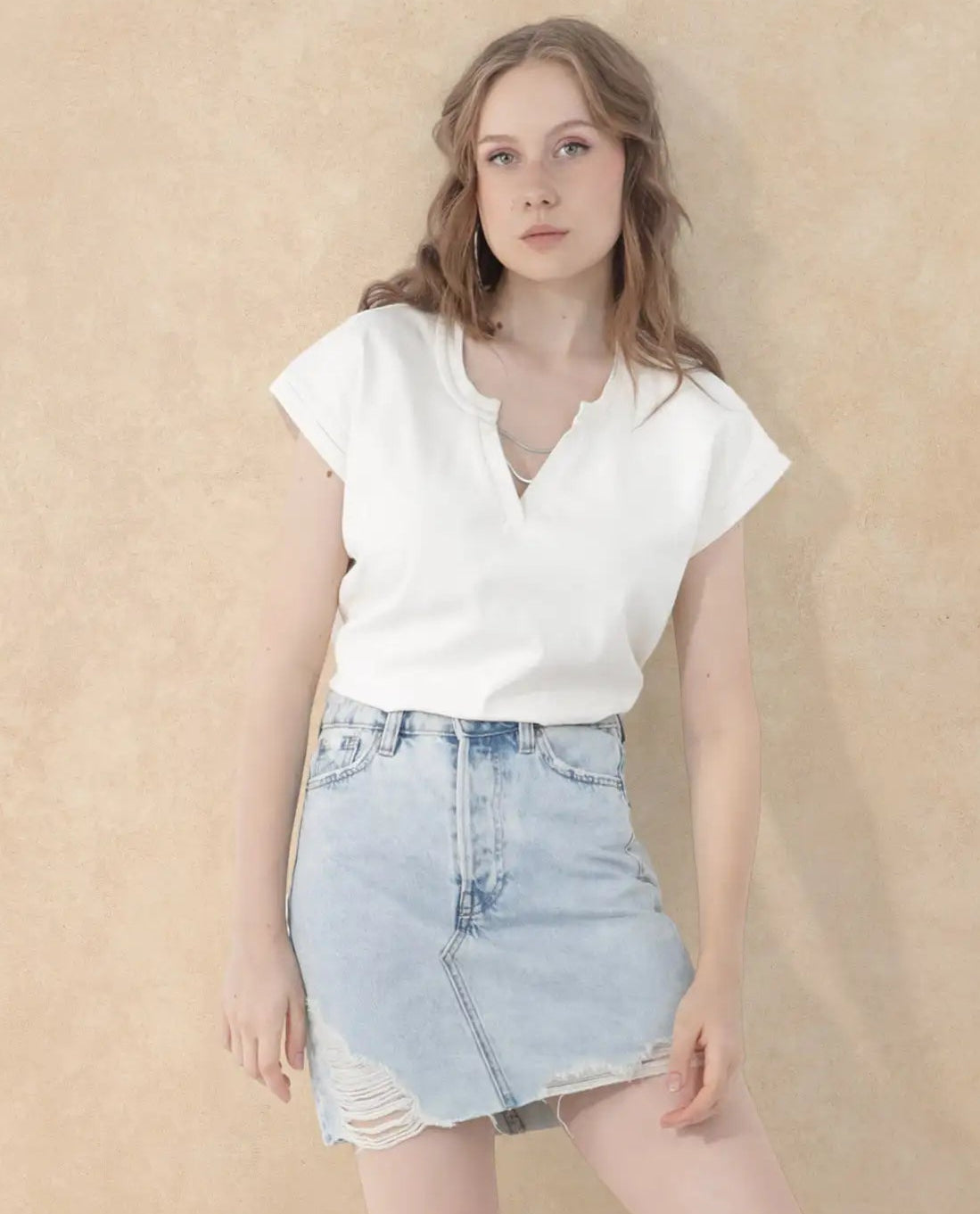 Rareism Women Sanderson Off White Cotton Fabric Short Sleeve V-Neck Solid Regular Fit Top