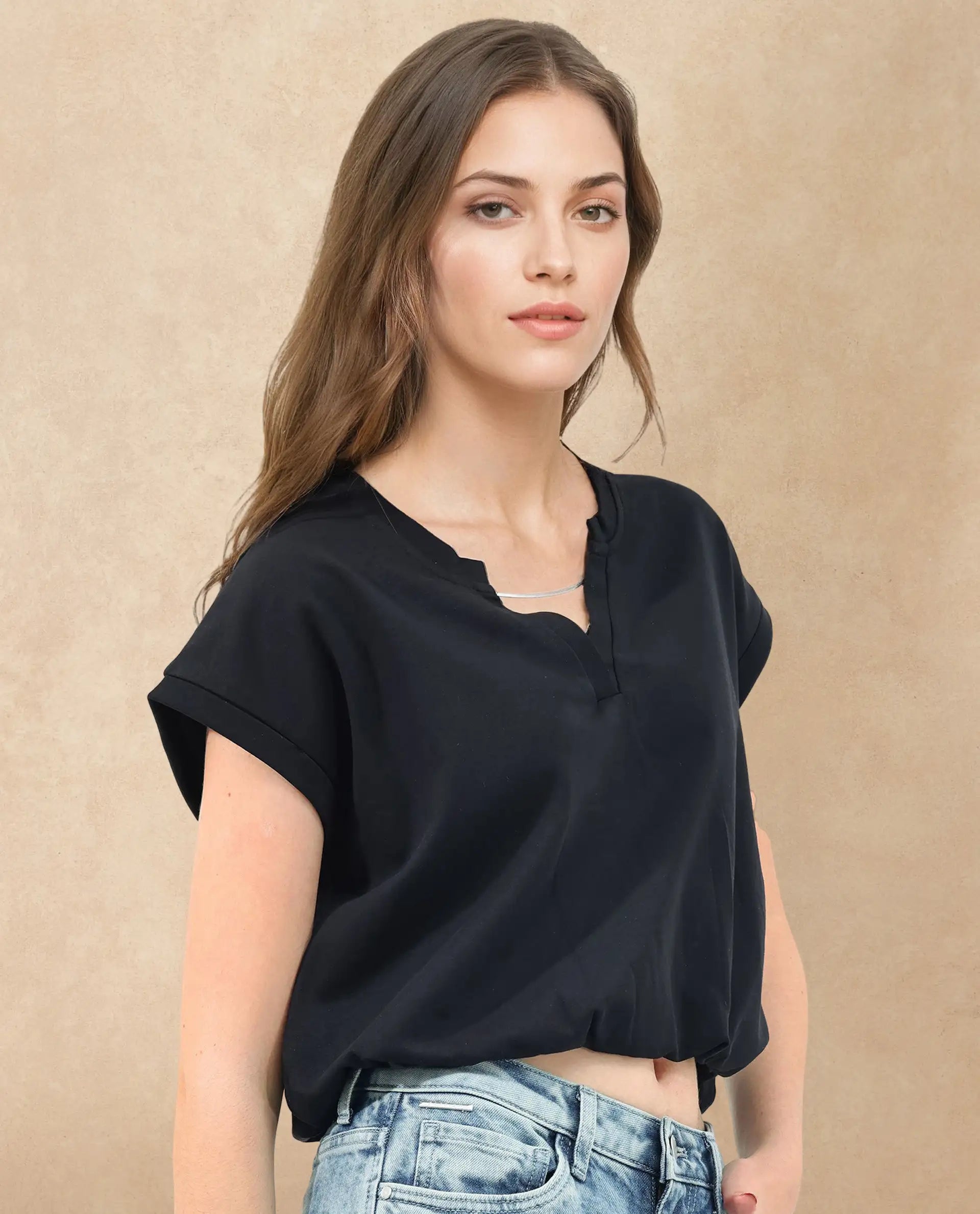 Rareism Women Sanderson Black Cotton Fabric Short Sleeve V-Neck Solid Regular Fit Top