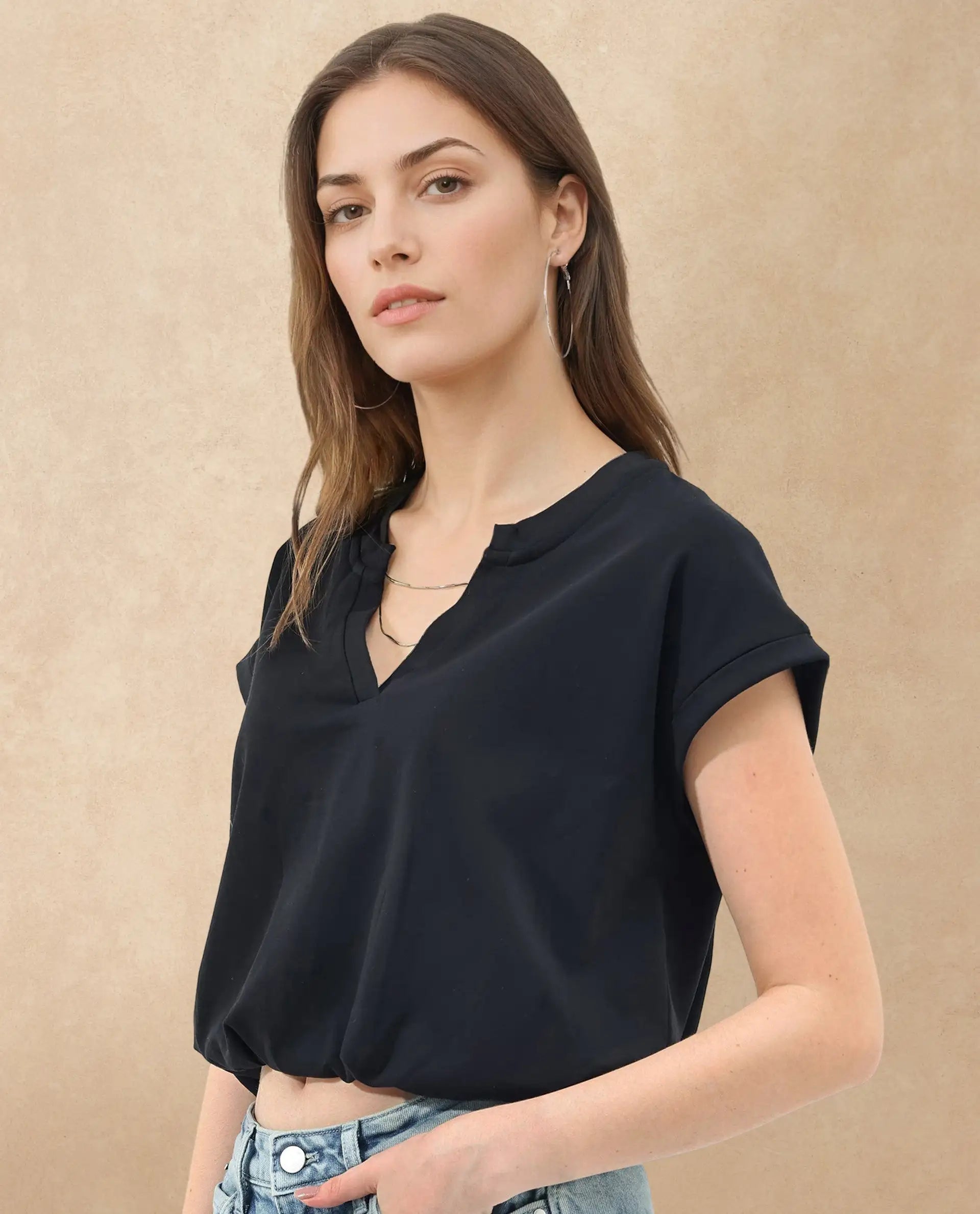 Rareism Women Sanderson Black Cotton Fabric Short Sleeve V-Neck Solid Regular Fit Top