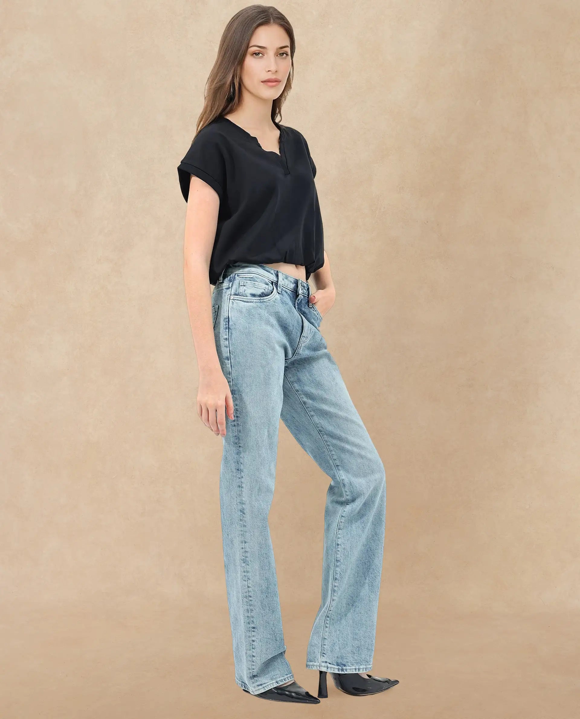 Rareism Women Sanderson Black Cotton Fabric Short Sleeve V-Neck Solid Regular Fit Top