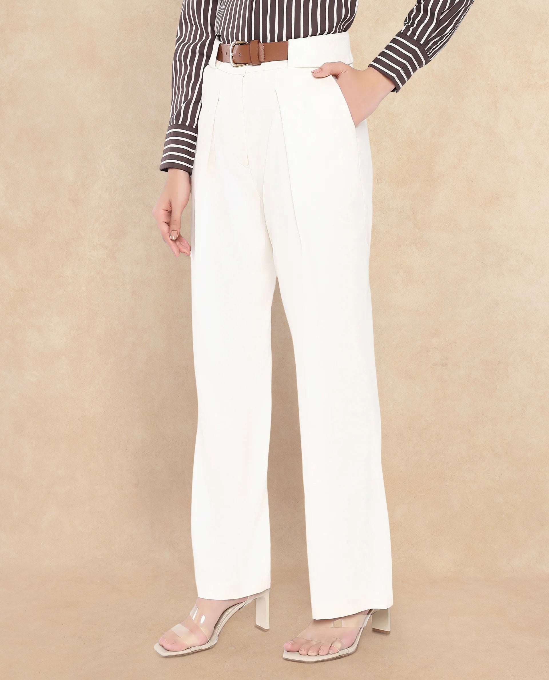 Rareism Women Sandi Beige Viscose Polyester Fabric Hook Closure Wide Fit Ankle Length Plain Trouser