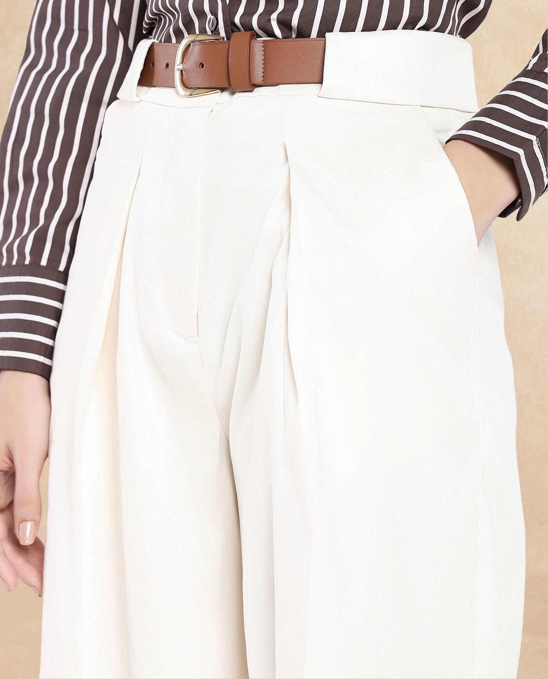 Rareism Women Sandi Beige Viscose Polyester Fabric Hook Closure Wide Fit Ankle Length Plain Trouser