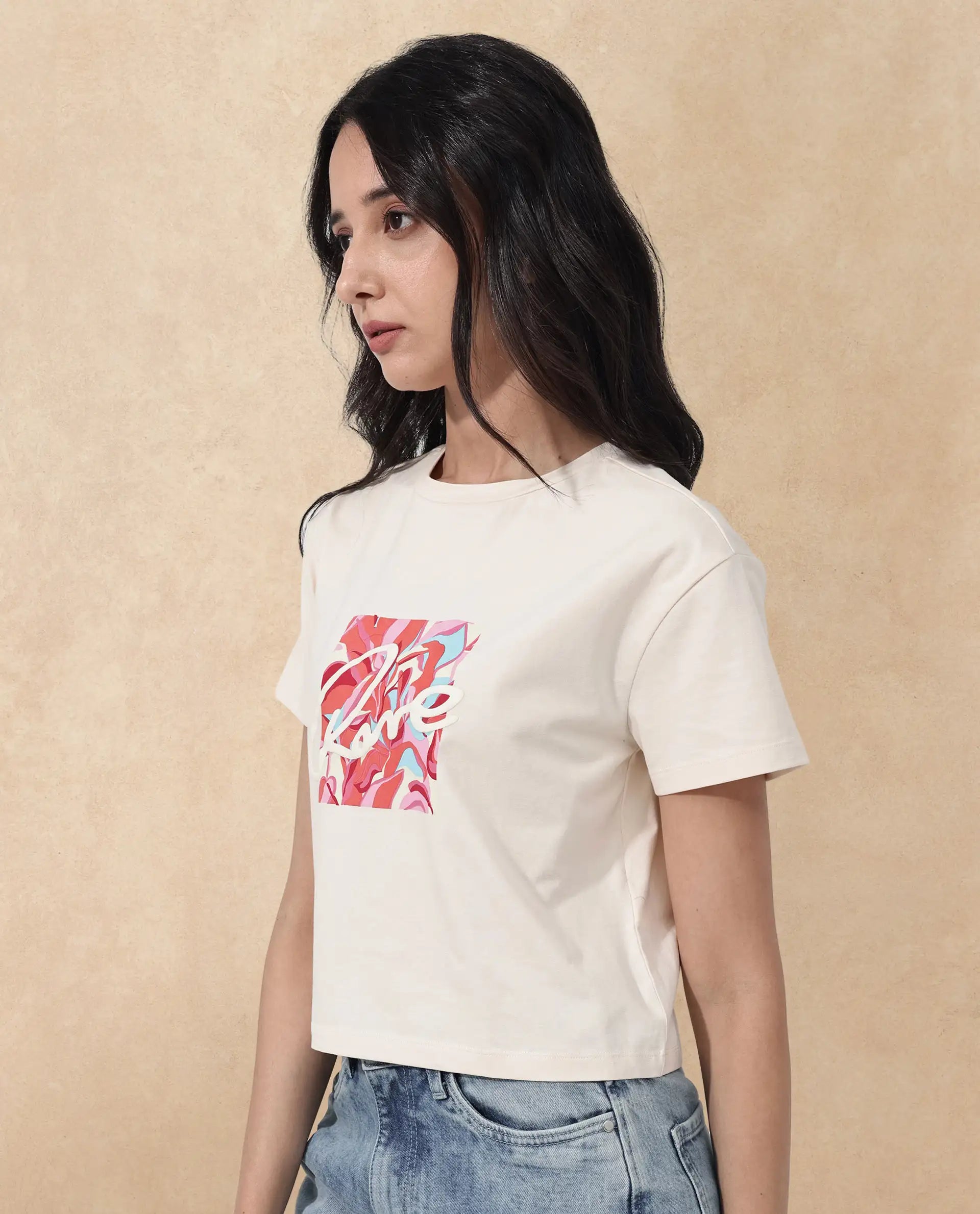 Rareism Women Sandre Light Beige Cotton Elastane Fabric Crew Neck Knit Solid T-Shirt