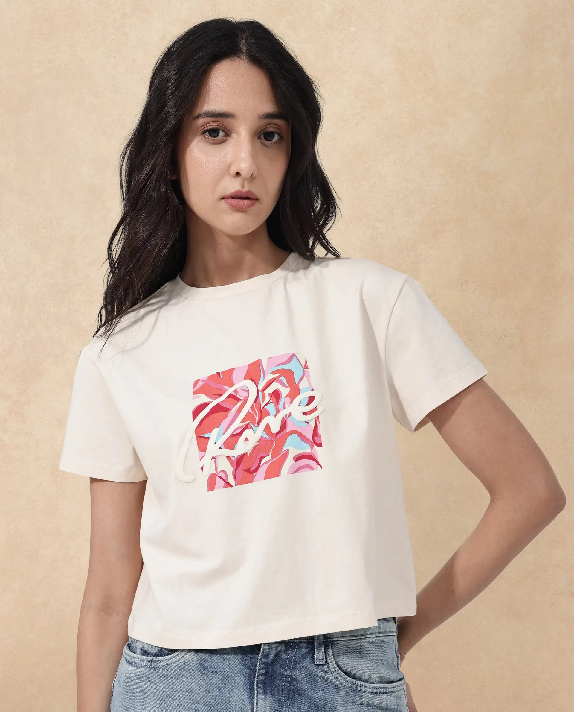 Rareism Women Sandre Light Beige Cotton Elastane Fabric Crew Neck Knit Solid T-Shirt