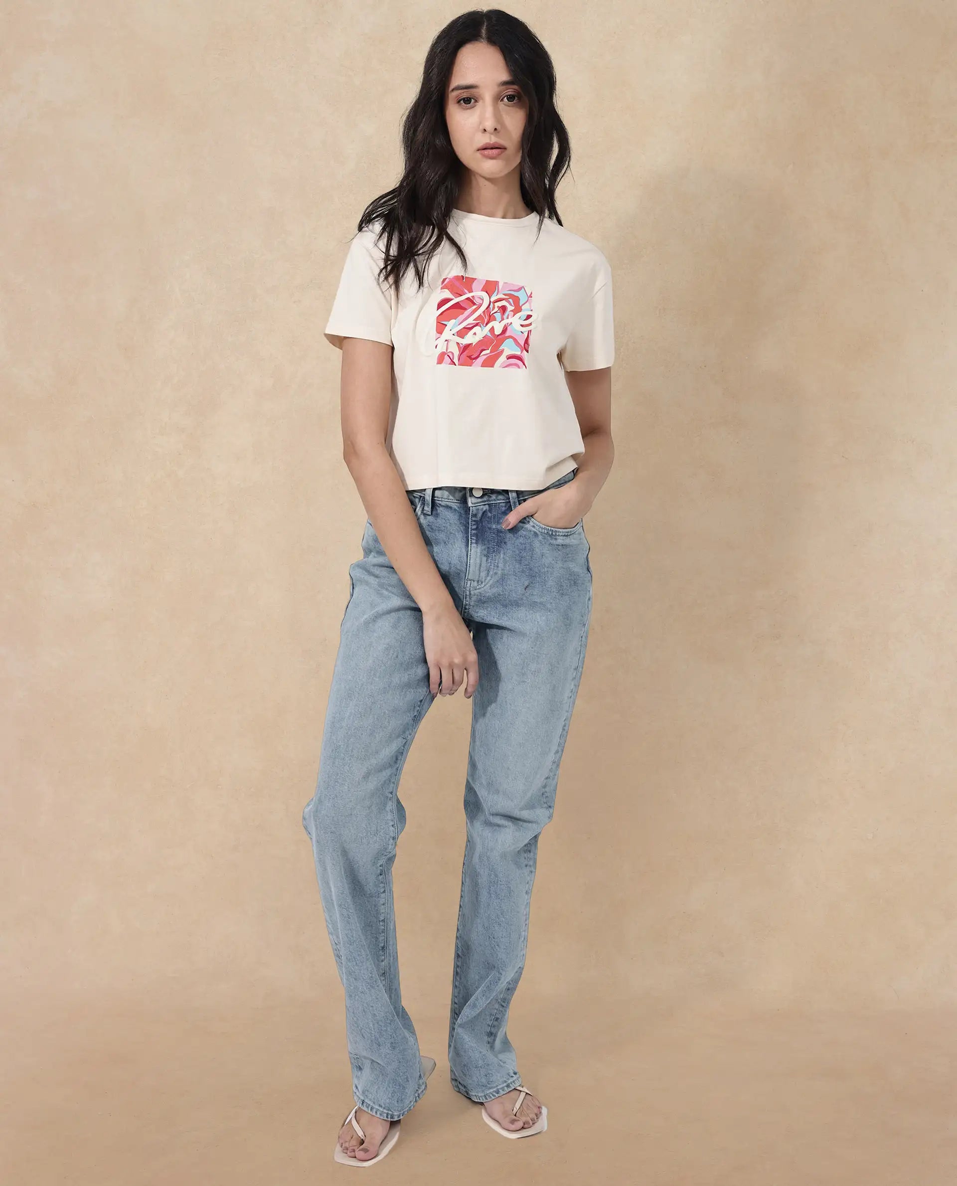 Rareism Women Sandre Light Beige Cotton Elastane Fabric Crew Neck Knit Solid T-Shirt