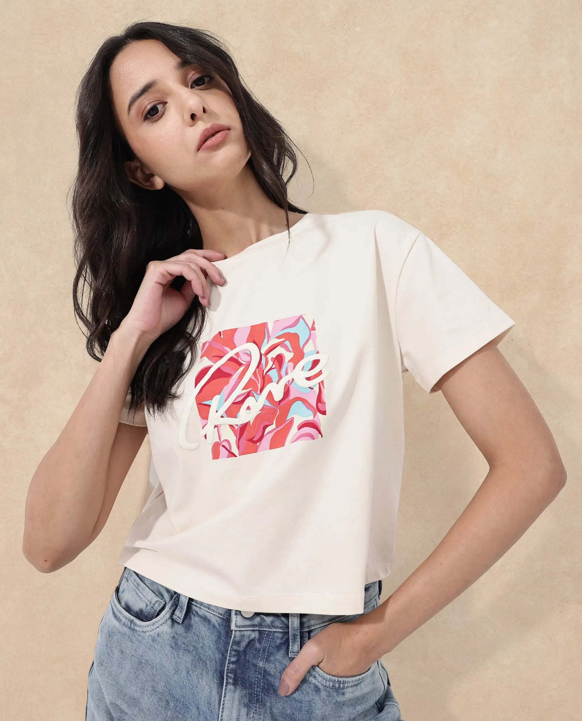 Rareism Women Sandre Light Beige Cotton Elastane Fabric Crew Neck Knit Solid T-Shirt