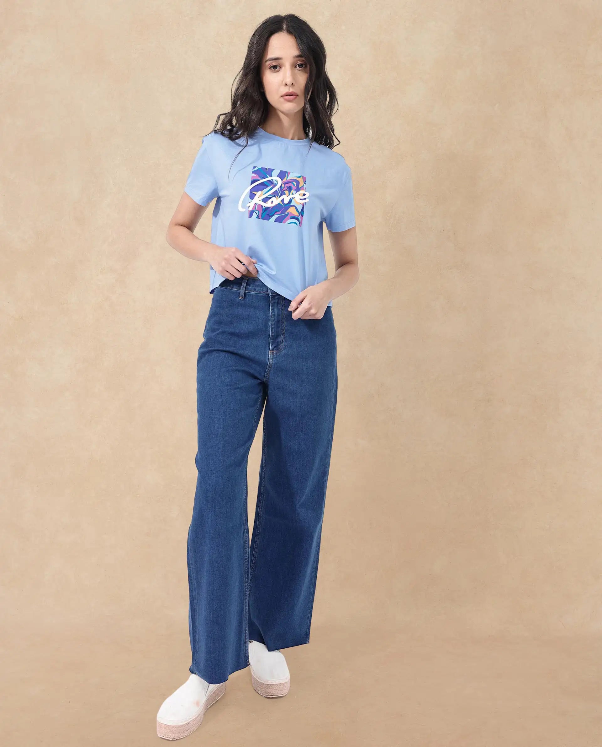 Rareism Women Sandre Blue Cotton Elastane Fabric Crew Neck Knit Solid T-Shirt