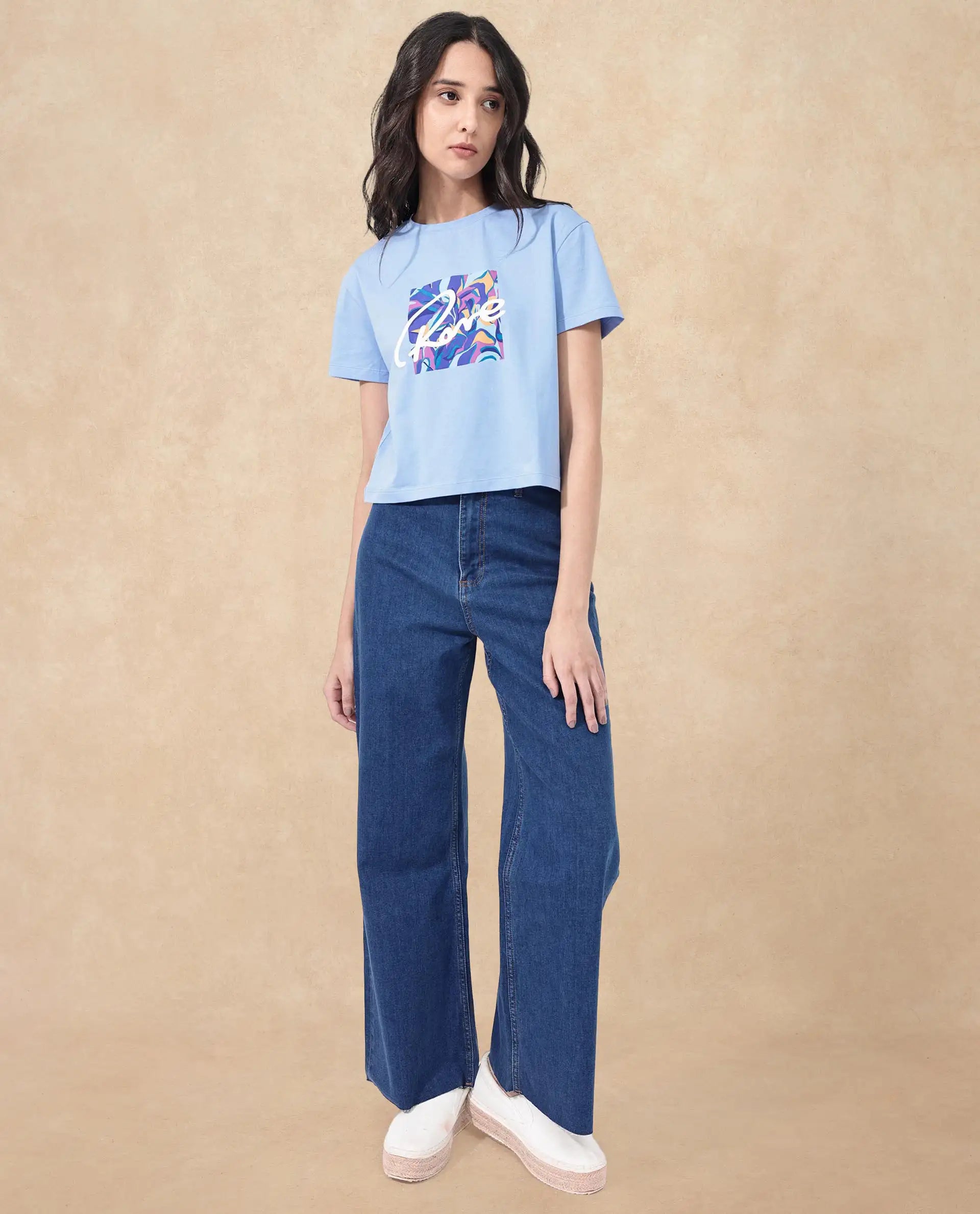 Rareism Women Sandre Blue Cotton Elastane Fabric Crew Neck Knit Solid T-Shirt