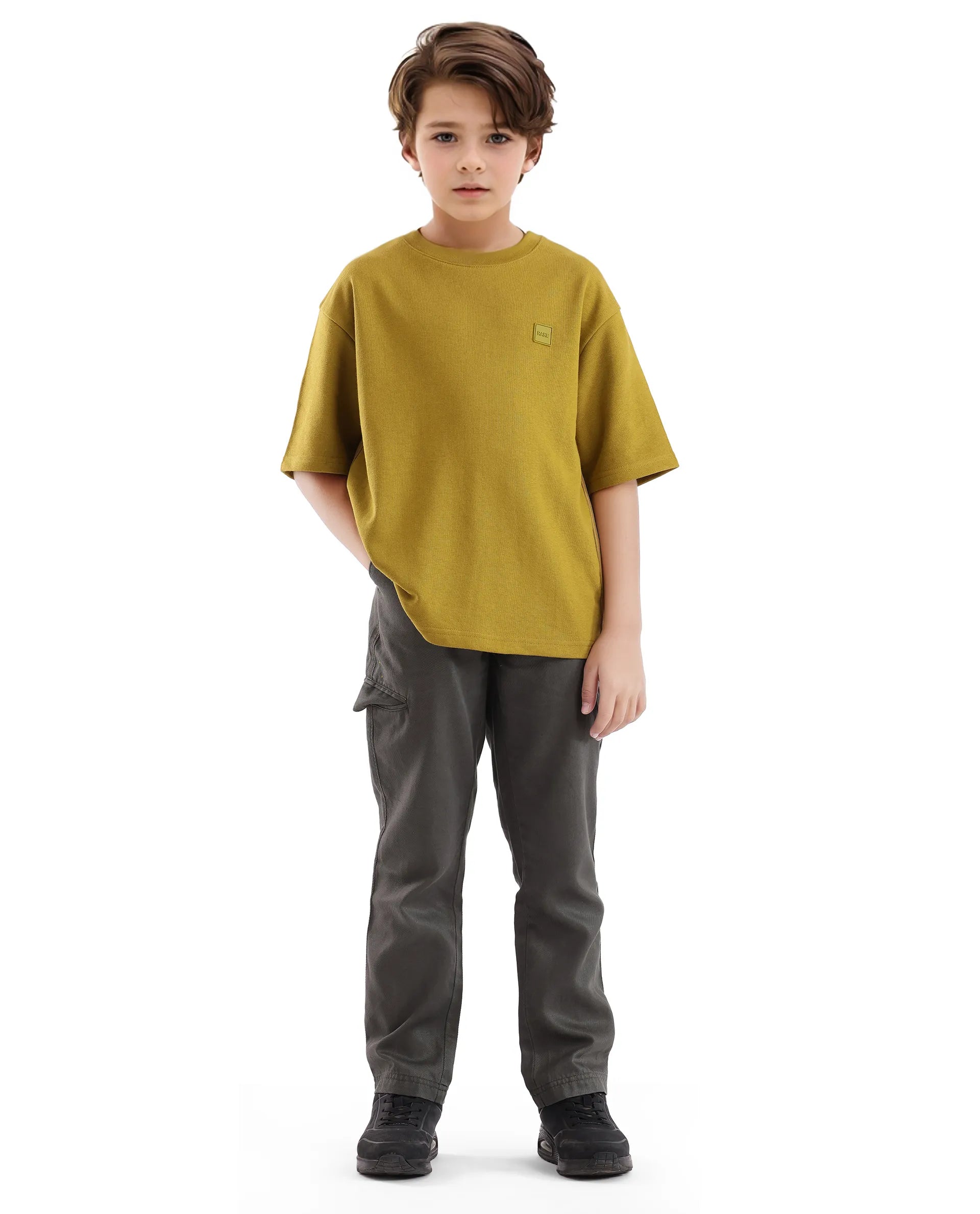 Rare Ones Kids Sans Olive Cotton Poly Short Sleeve Crew Neck Applique Boxy Fit T-Shirt