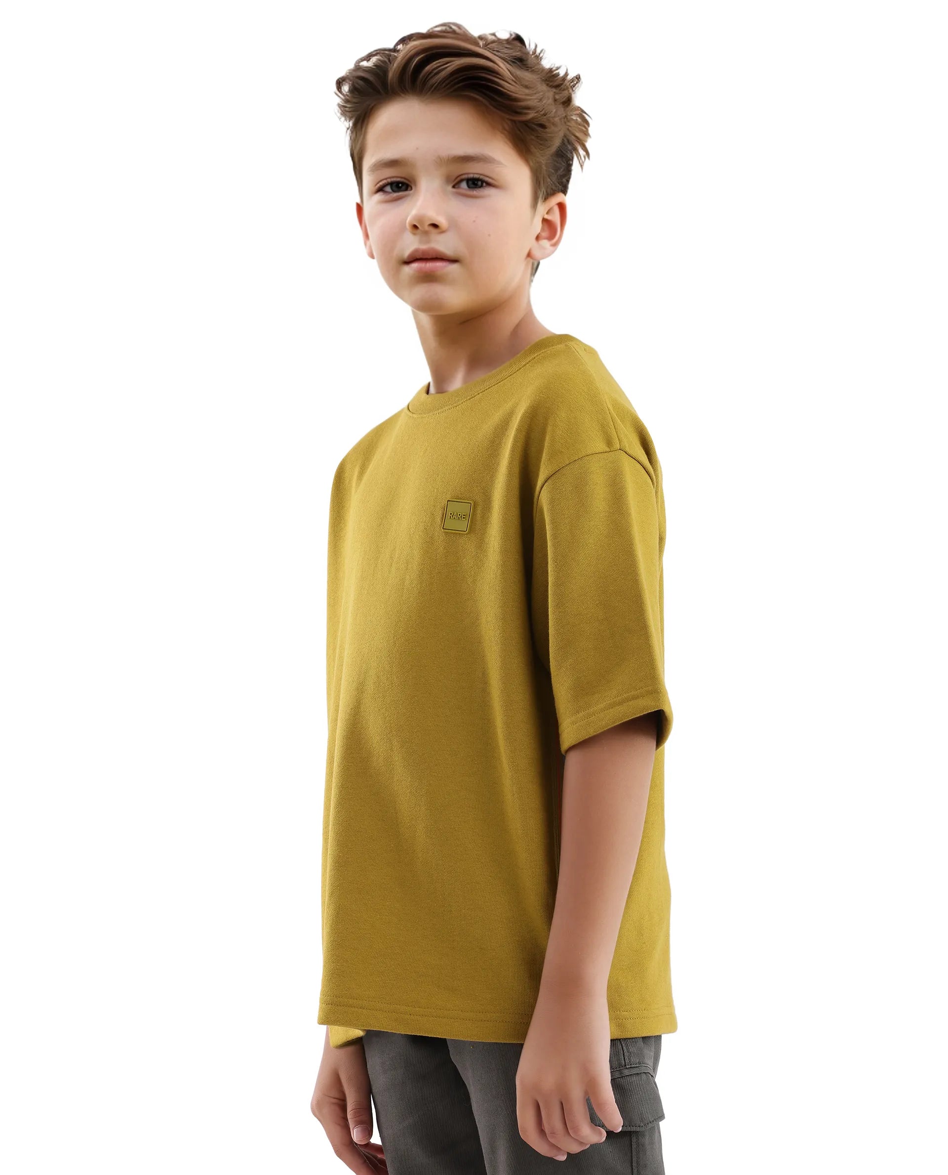 Rare Ones Kids Sans Olive Cotton Poly Short Sleeve Crew Neck Applique Boxy Fit T-Shirt