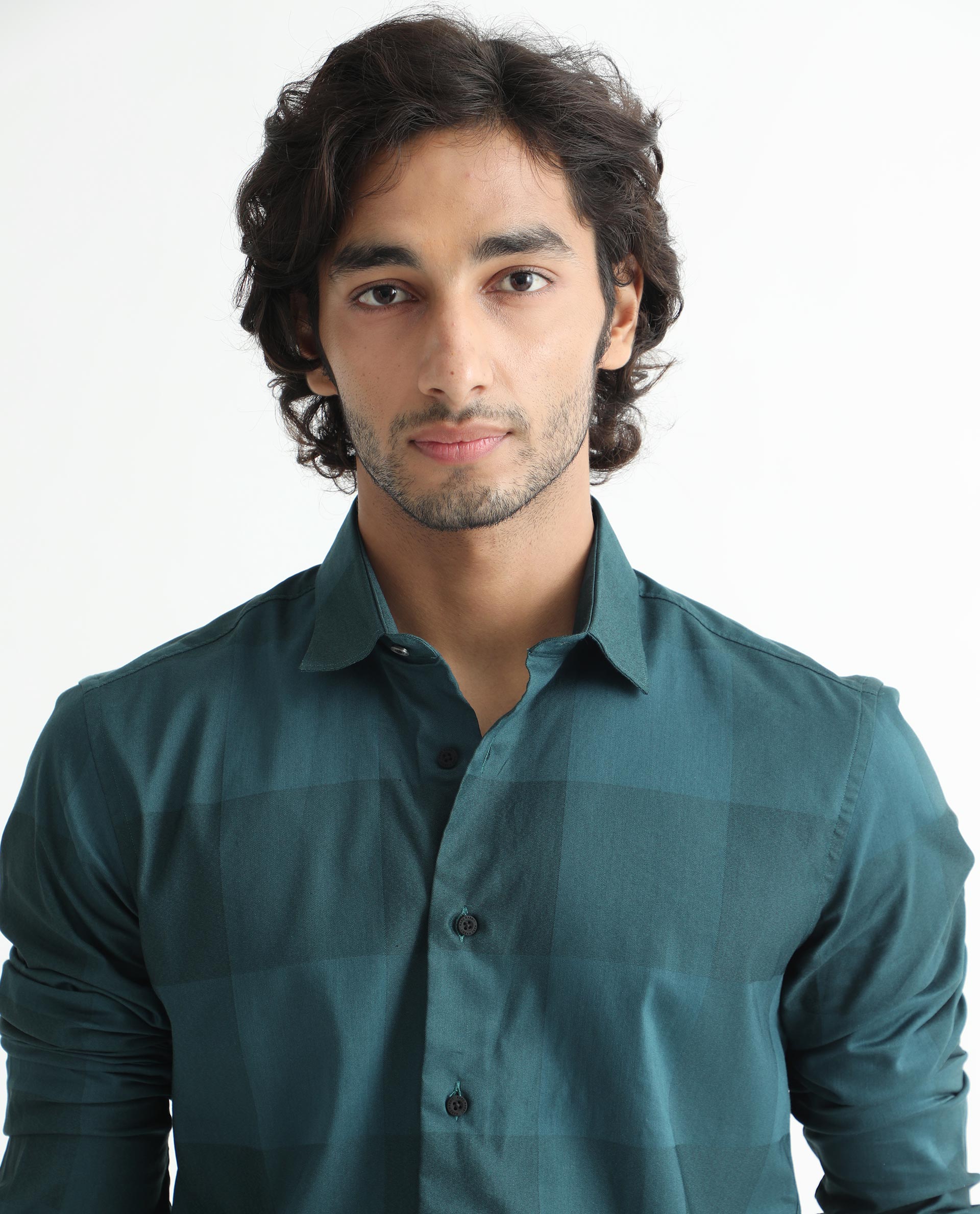 Rare Rabbit Men's Santhe Petrol Cotton Lycra Fabric Full Sleeves Regular Fit Tonal Checks Shirt