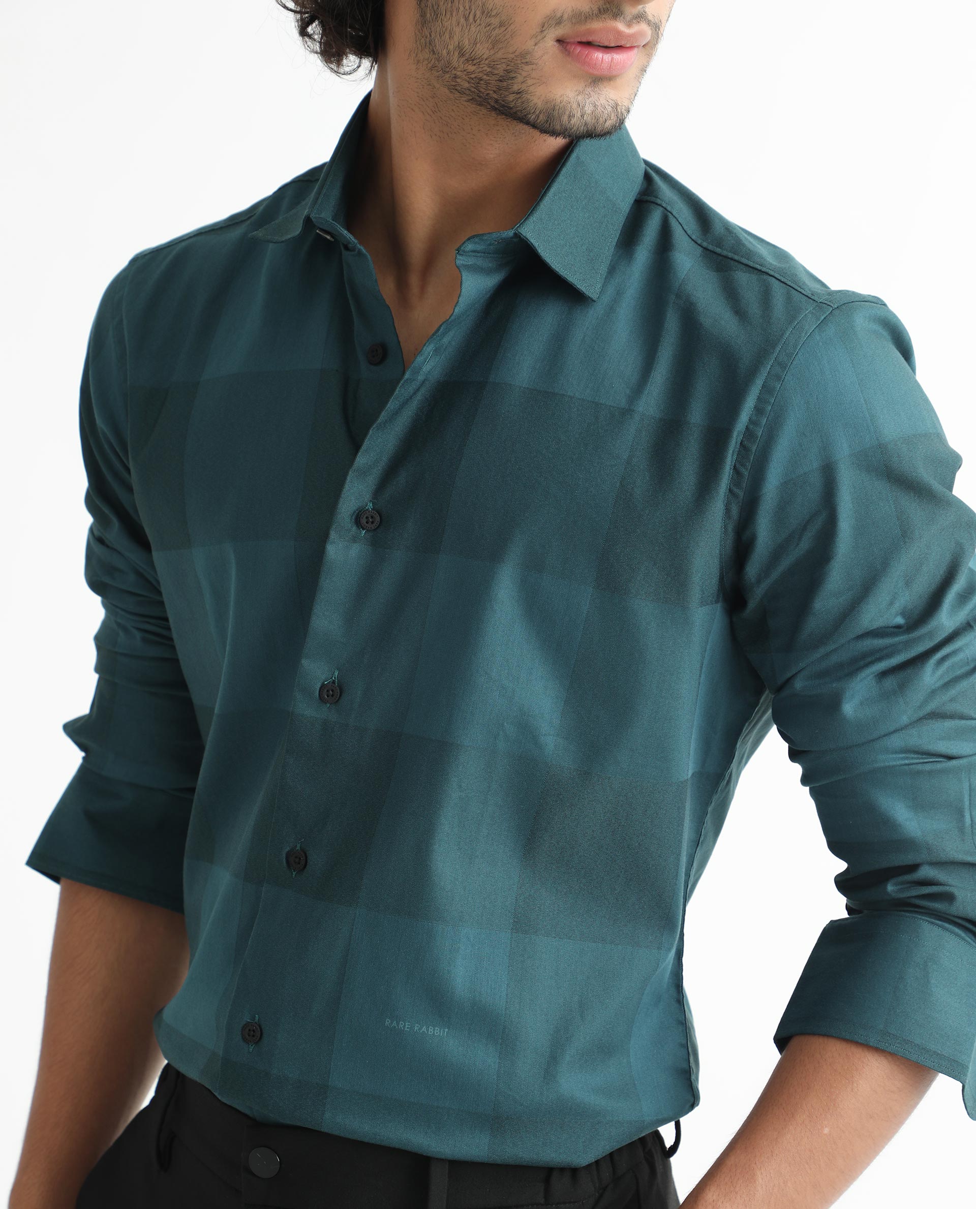 Rare Rabbit Men's Santhe Petrol Cotton Lycra Fabric Full Sleeves Regular Fit Tonal Checks Shirt