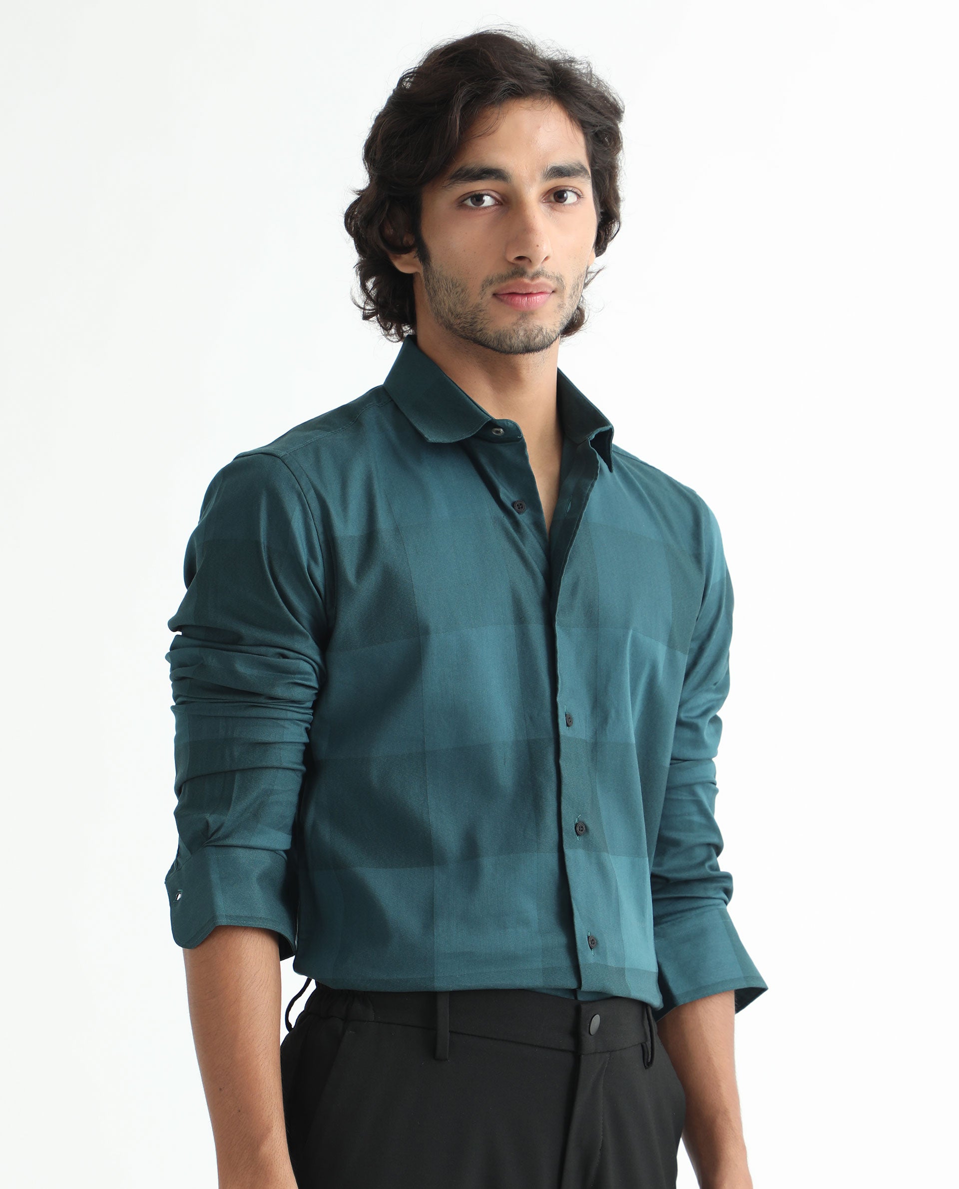 Rare Rabbit Men's Santhe Petrol Cotton Lycra Fabric Full Sleeves Regular Fit Tonal Checks Shirt