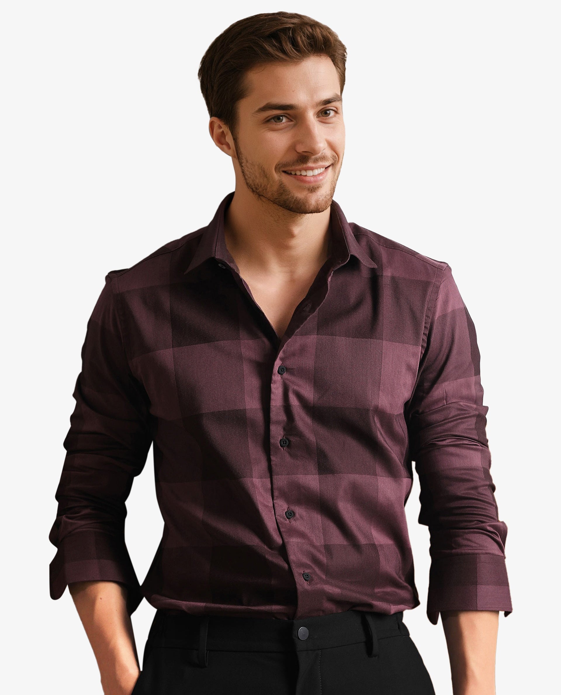 Rare Rabbit Men's Santhe Maroon Cotton Lycra Fabric Full Sleeves Regular Fit Tonal Checks Shirt