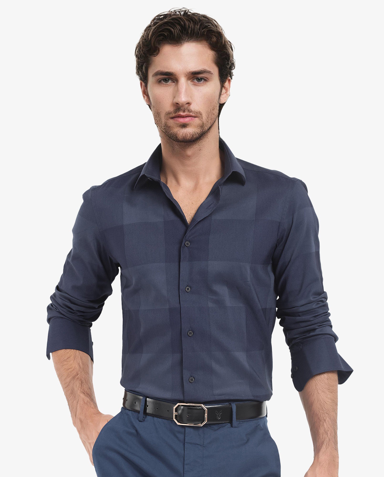 Rare Rabbit Men's Santhe Navy Cotton Lycra Fabric Full Sleeves Regular Fit Tonal Checks Shirt