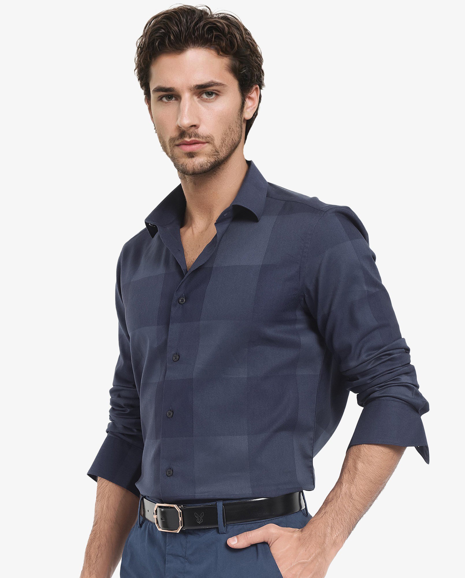 Rare Rabbit Men's Santhe Navy Cotton Lycra Fabric Full Sleeves Regular Fit Tonal Checks Shirt