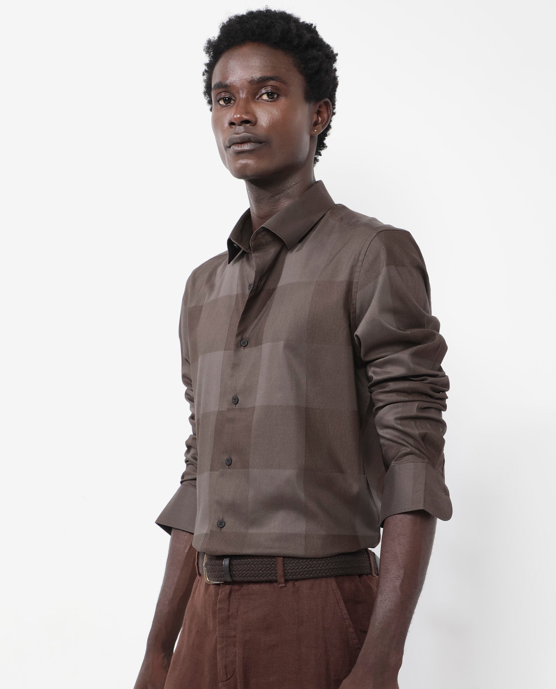 Rare Rabbit Men's Santhe Olive Cotton Lycra Fabric Full Sleeves Regular Fit Tonal Checks Shirt