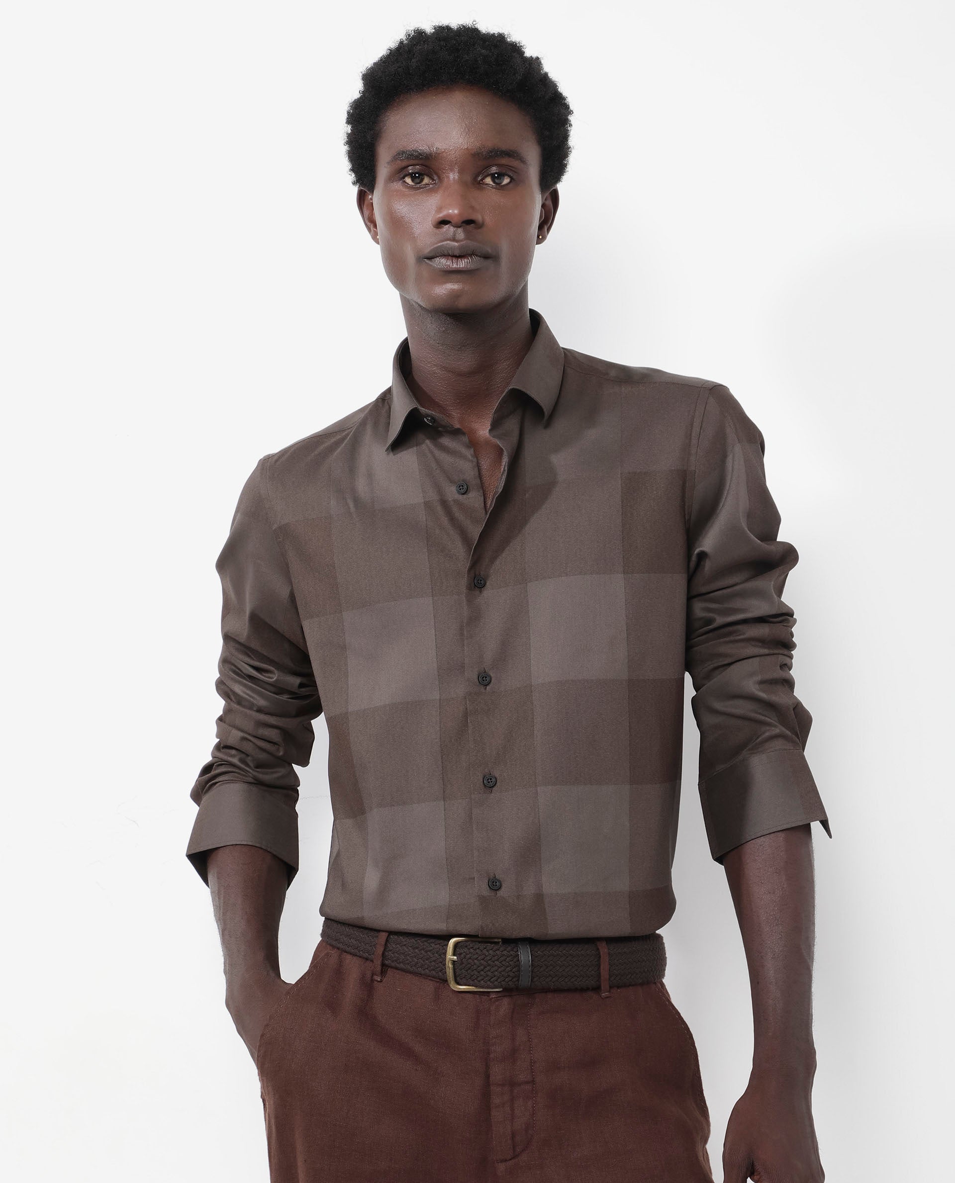 Rare Rabbit Men's Santhe Olive Cotton Lycra Fabric Full Sleeves Regular Fit Tonal Checks Shirt