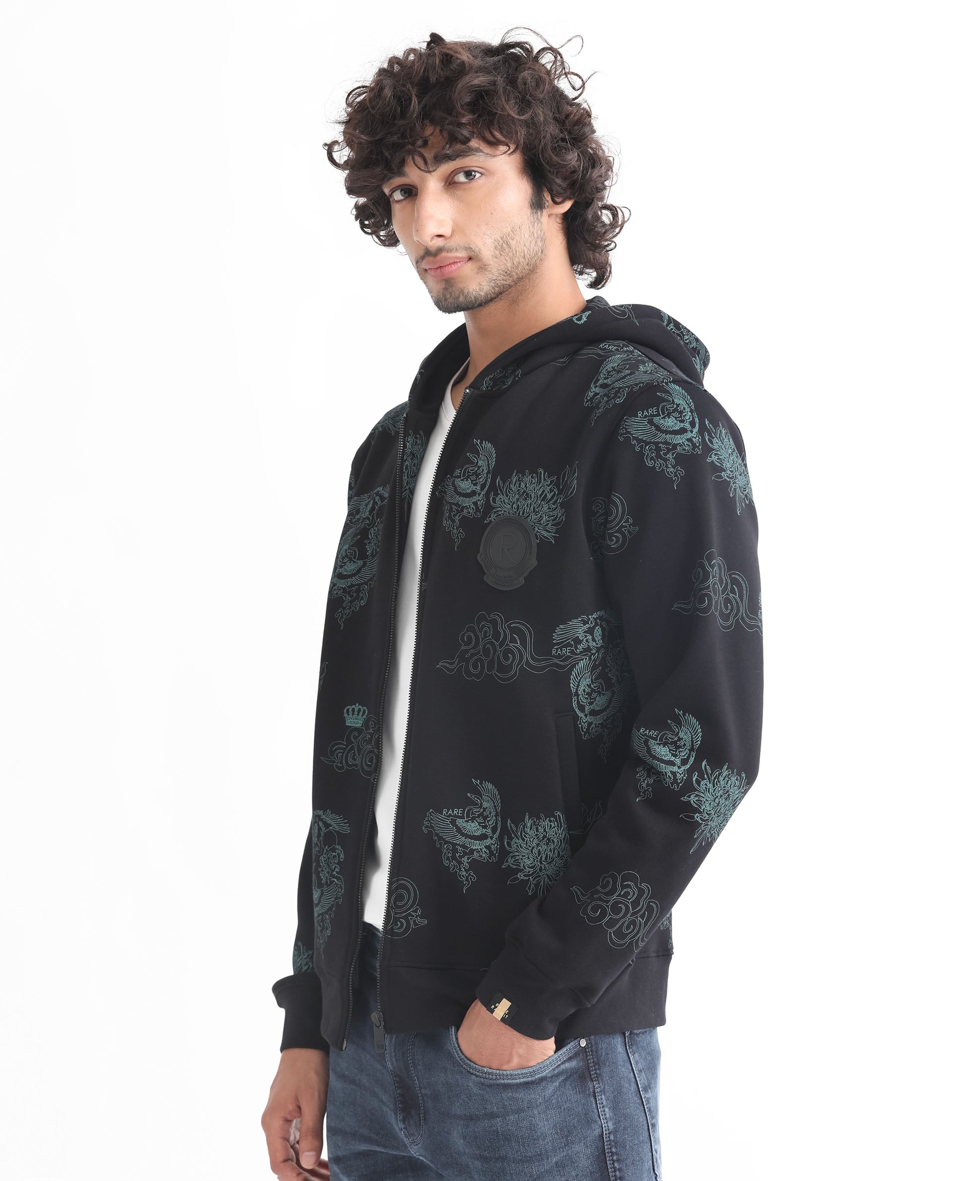 Rare Rabbit Mens Santo Black Sweatshirt Cotton Polyester Fabric Hooded Neck Knitted Full Sleeves Zipper Closure Comfortable Fit