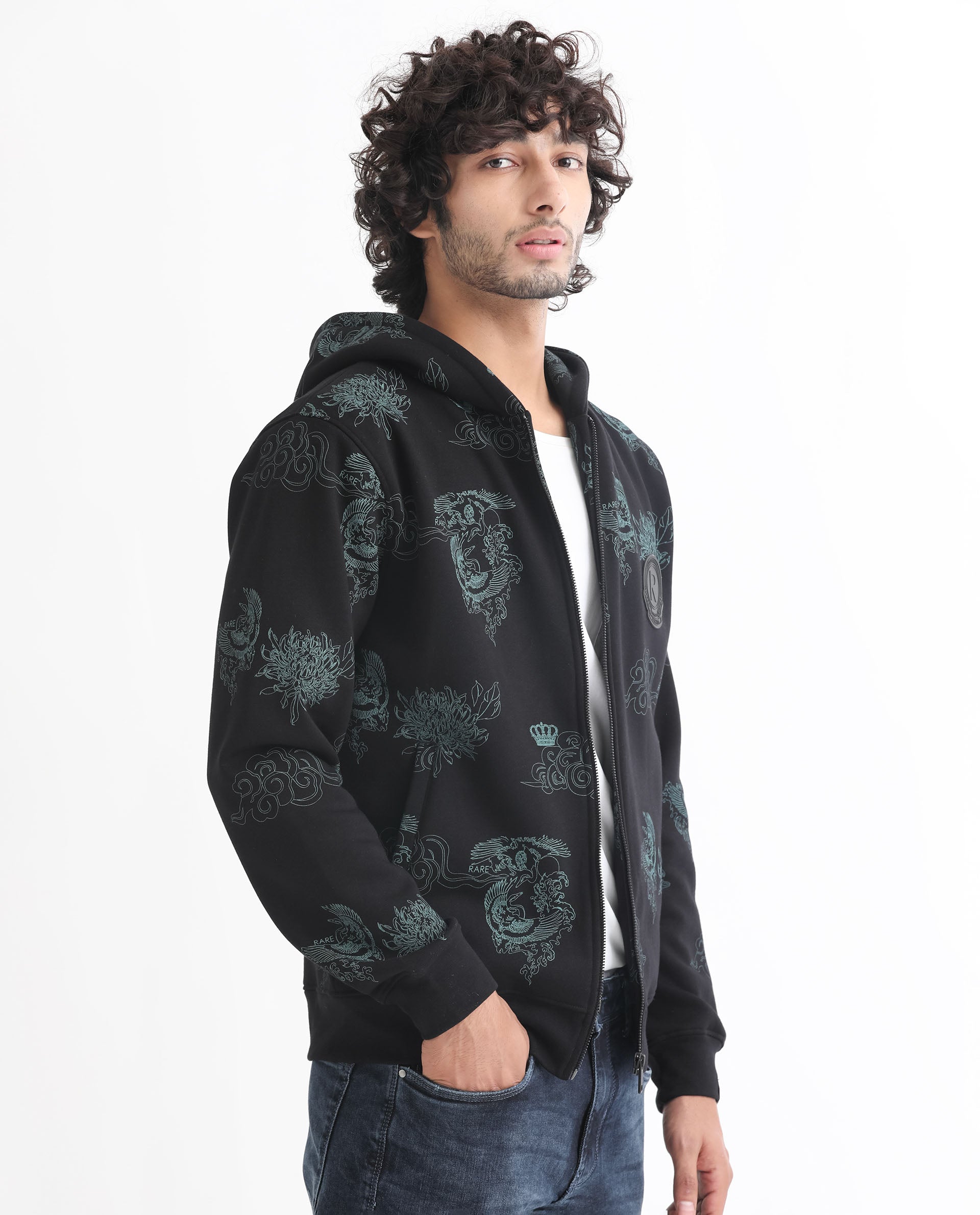 Rare Rabbit Mens Santo Black Sweatshirt Cotton Polyester Fabric Hooded Neck Knitted Full Sleeves Zipper Closure Comfortable Fit