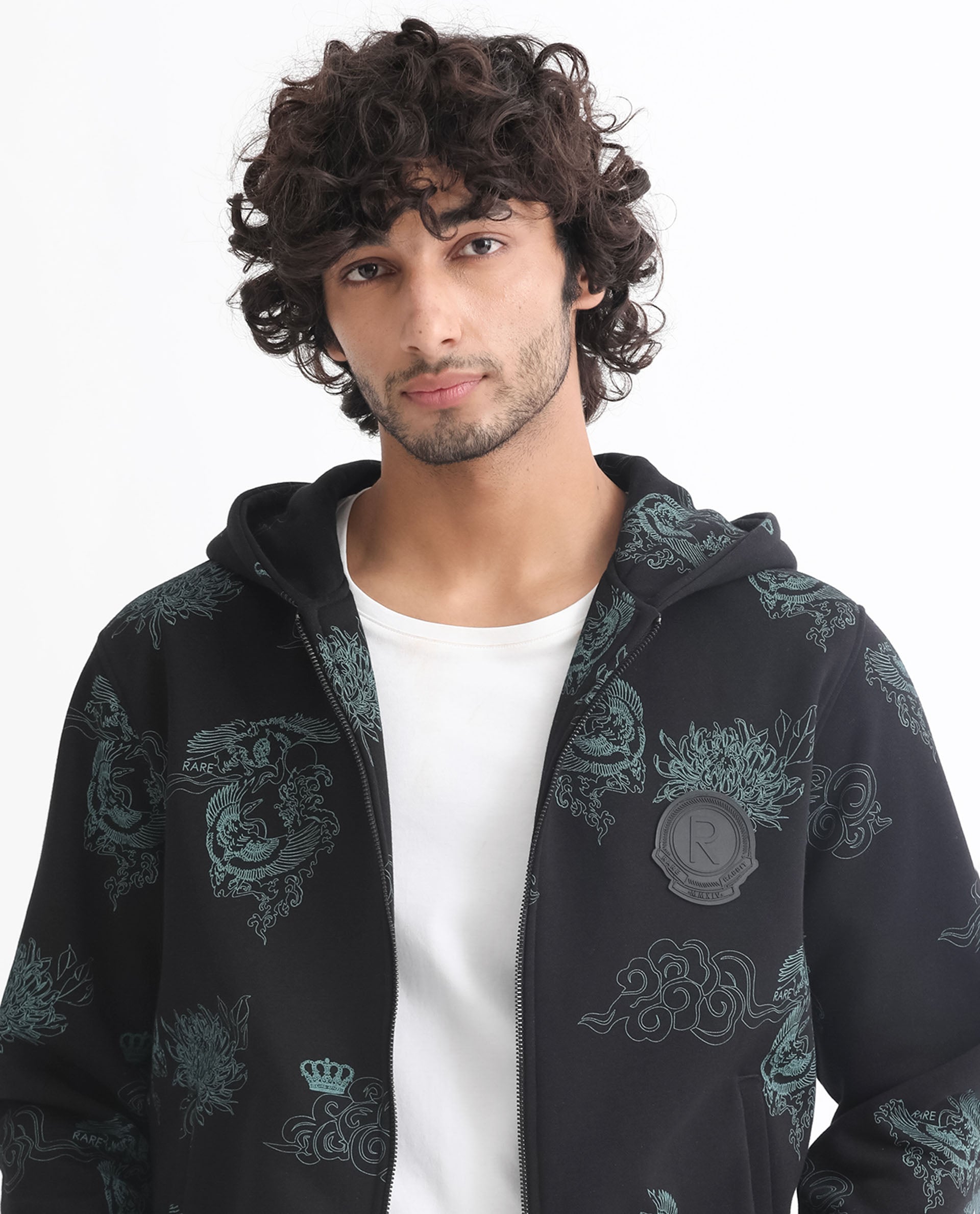 Rare Rabbit Mens Santo Black Sweatshirt Cotton Polyester Fabric Hooded Neck Knitted Full Sleeves Zipper Closure Comfortable Fit