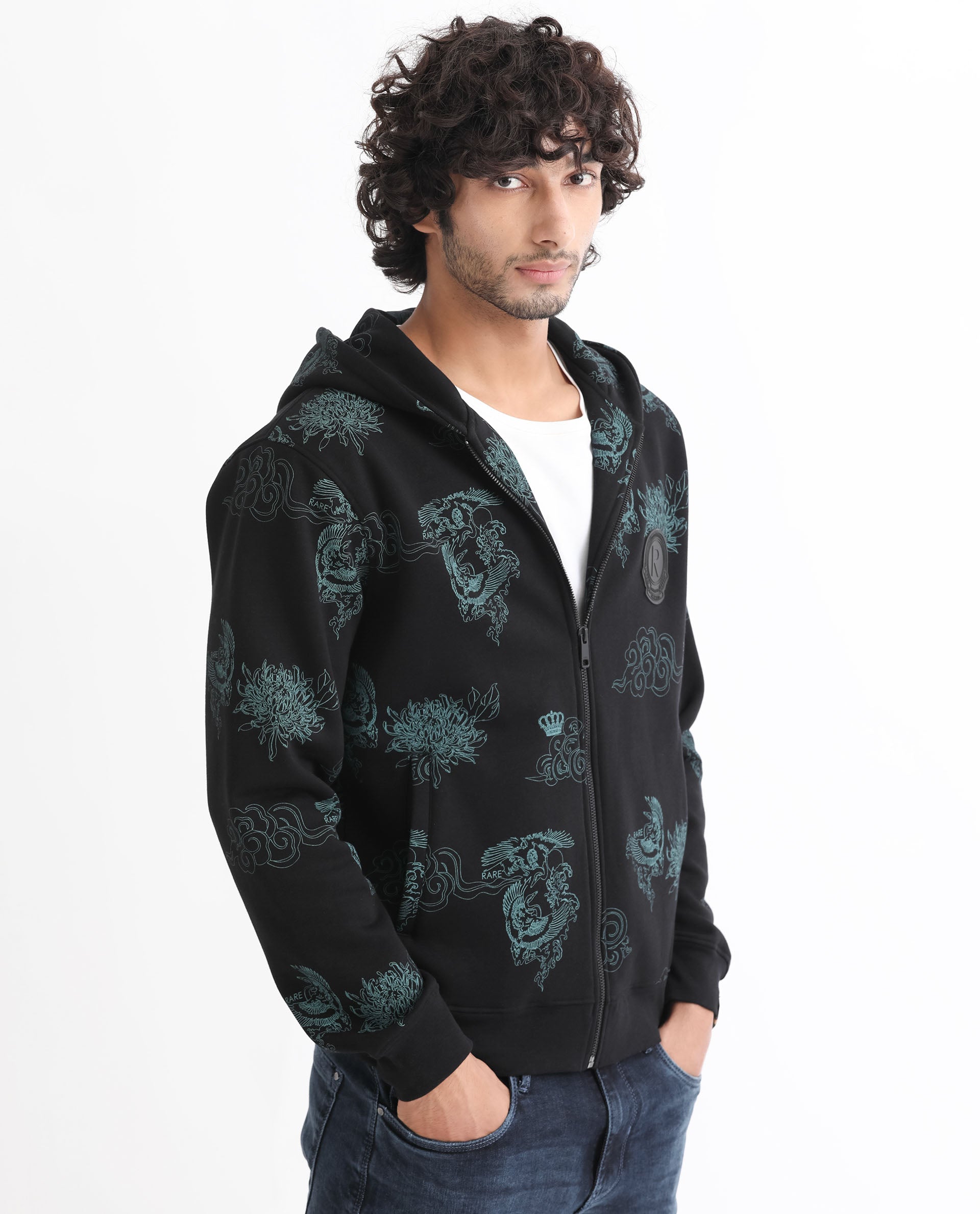 Rare Rabbit Mens Santo Black Sweatshirt Cotton Polyester Fabric Hooded Neck Knitted Full Sleeves Zipper Closure Comfortable Fit