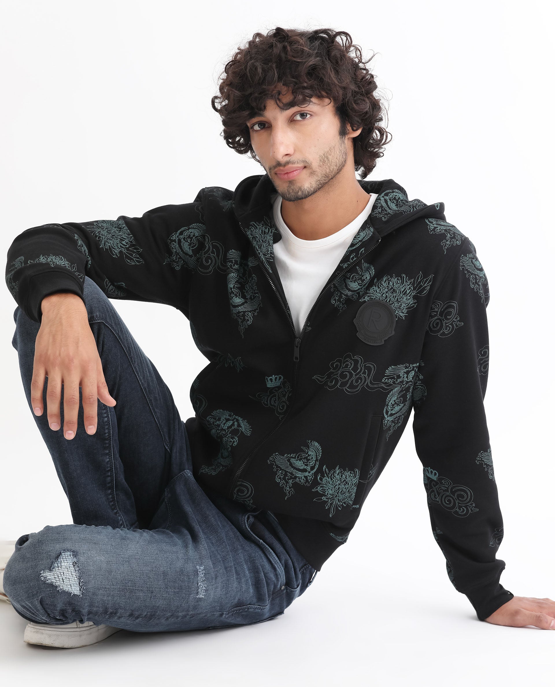 Rare Rabbit Mens Santo Black Sweatshirt Cotton Polyester Fabric Hooded Neck Knitted Full Sleeves Zipper Closure Comfortable Fit