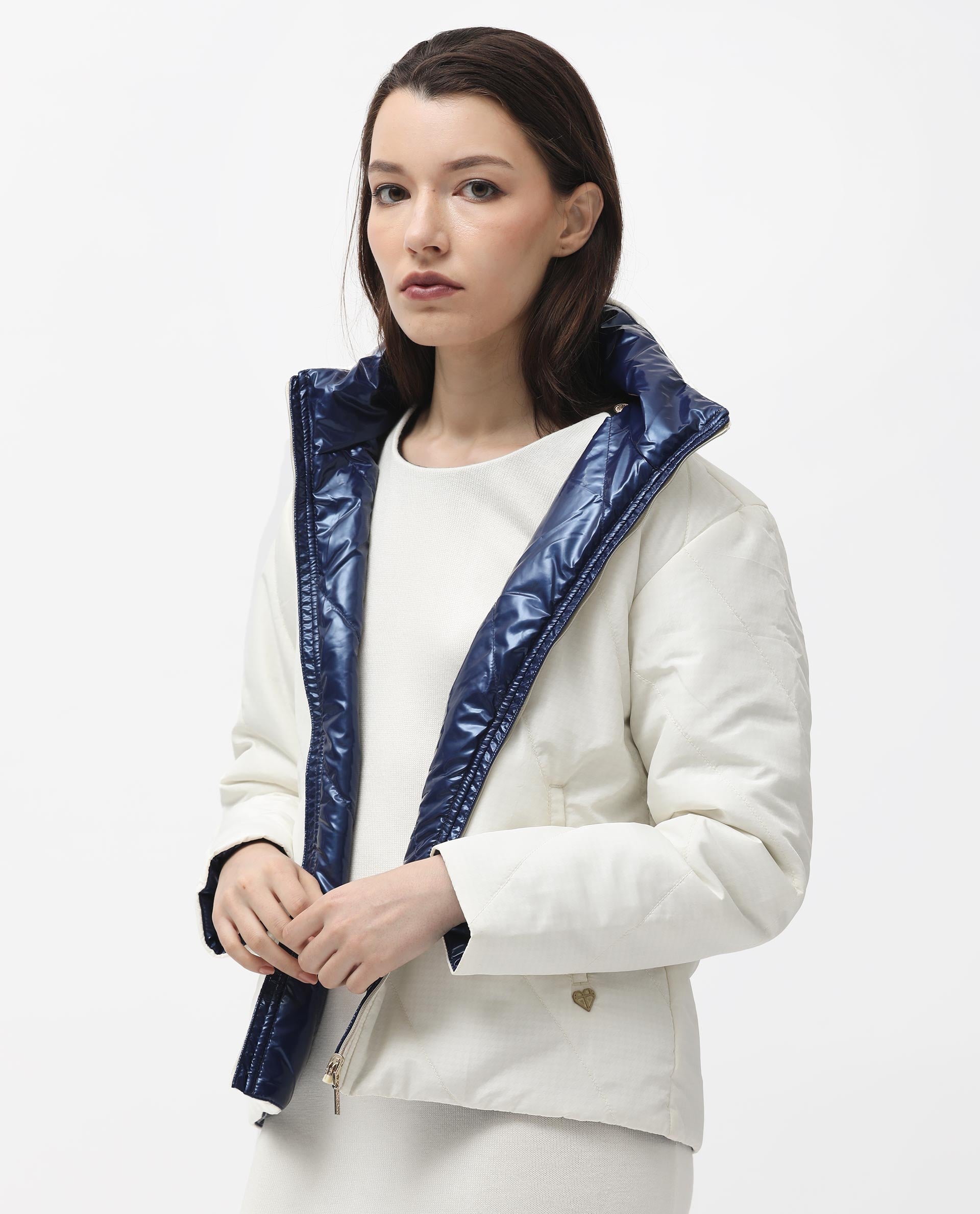 Rareism Women Sapel Off White Polyester Fabric Full Sleeves Zip Closure High Neck Regular Fit Plain Jacket