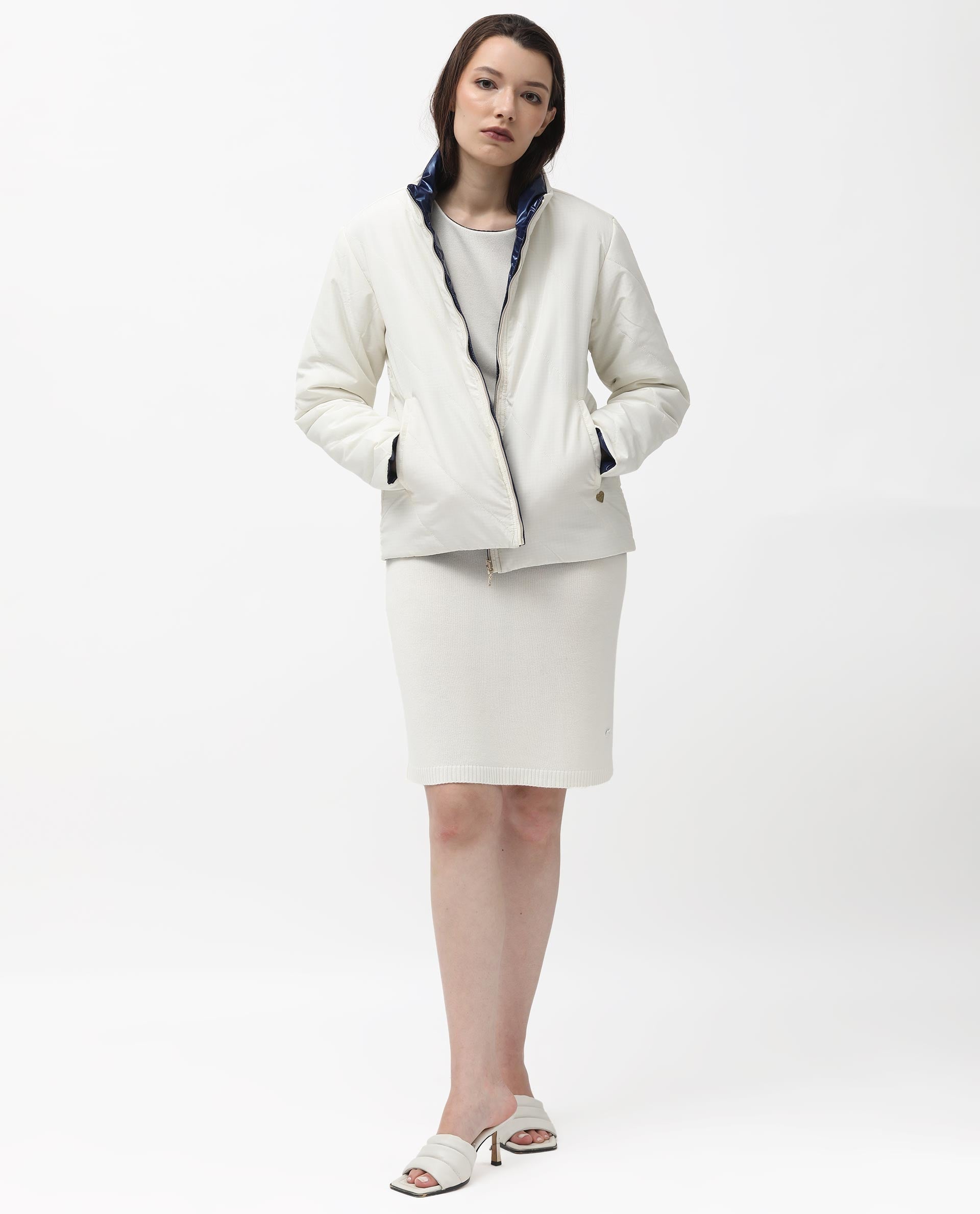 Rareism Women Sapel Off White Polyester Fabric Full Sleeves Zip Closure High Neck Regular Fit Plain Jacket