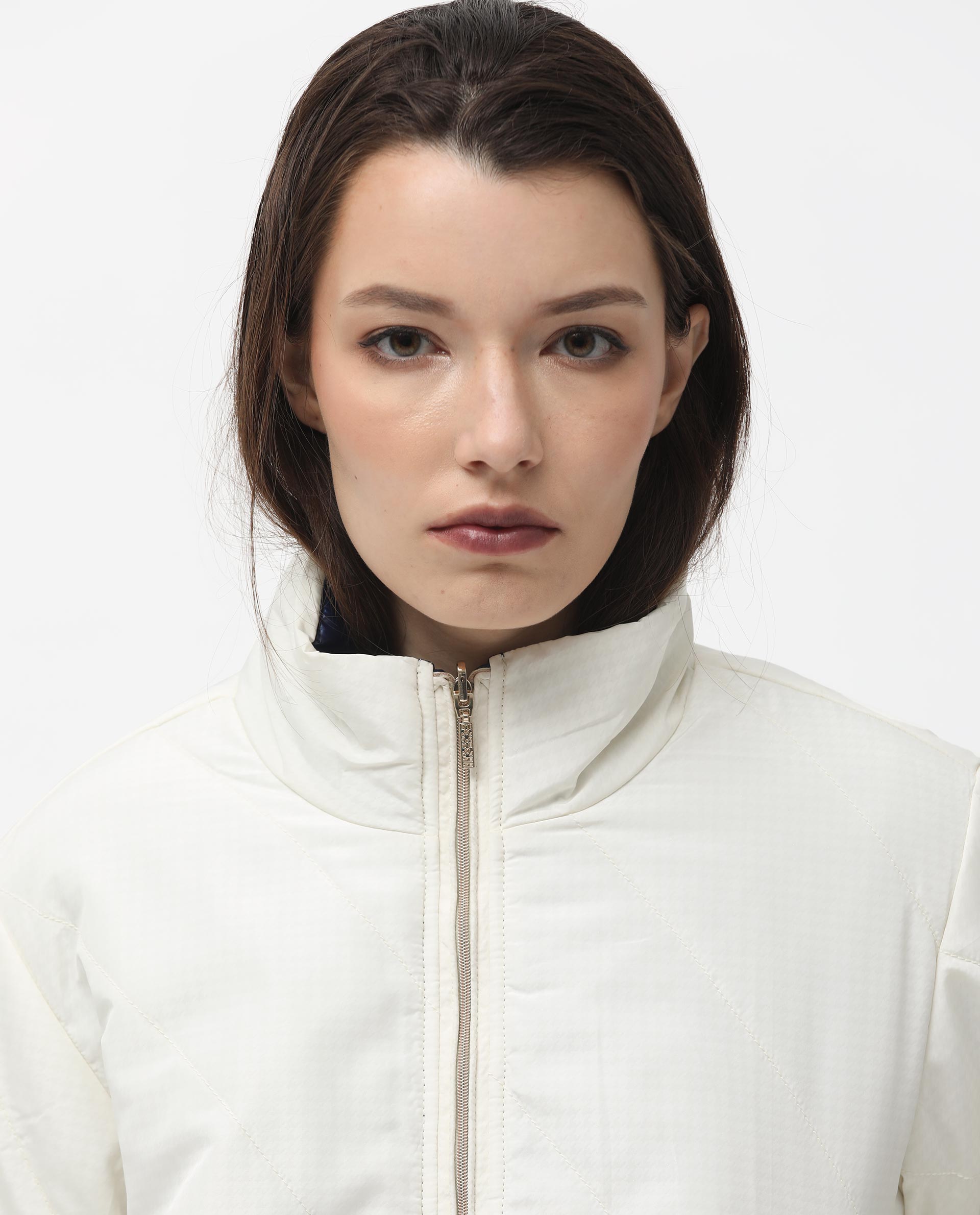 Rareism Women Sapel Off White Polyester Fabric Full Sleeves Zip Closure High Neck Regular Fit Plain Jacket