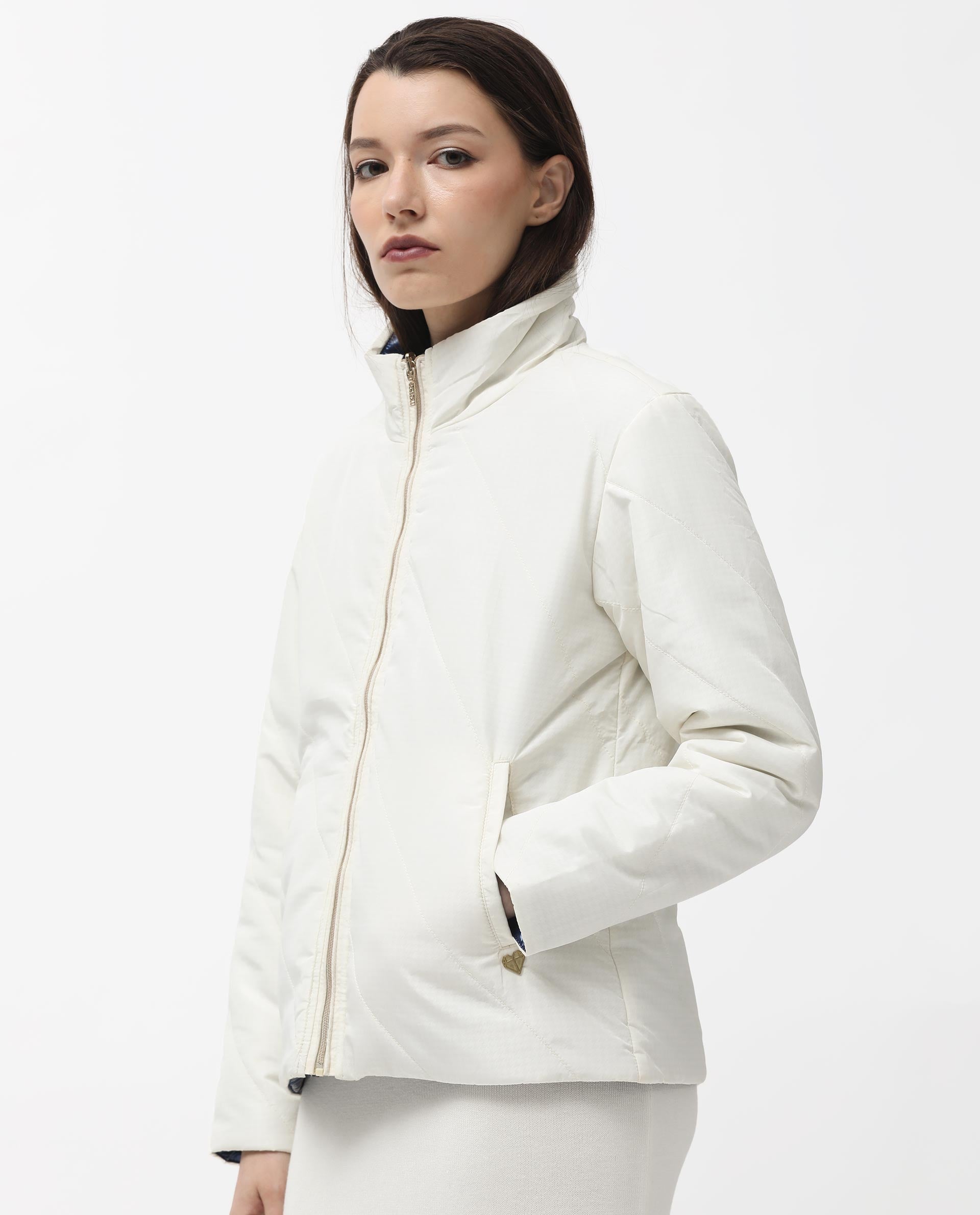 Rareism Women Sapel Off White Polyester Fabric Full Sleeves Zip Closure High Neck Regular Fit Plain Jacket