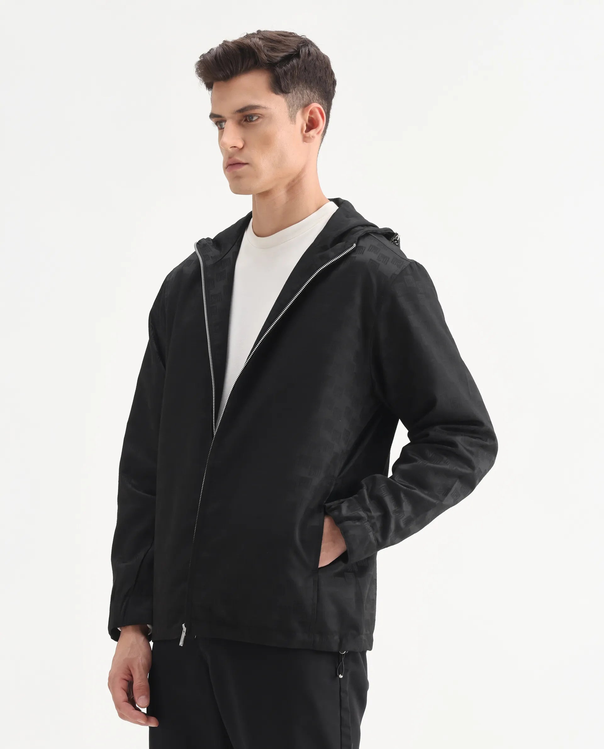 Rare Rabbit Men's Sappon-25 Black Polyester Monogram Print Boxy Fit Full Sleeve Hooded Jacket