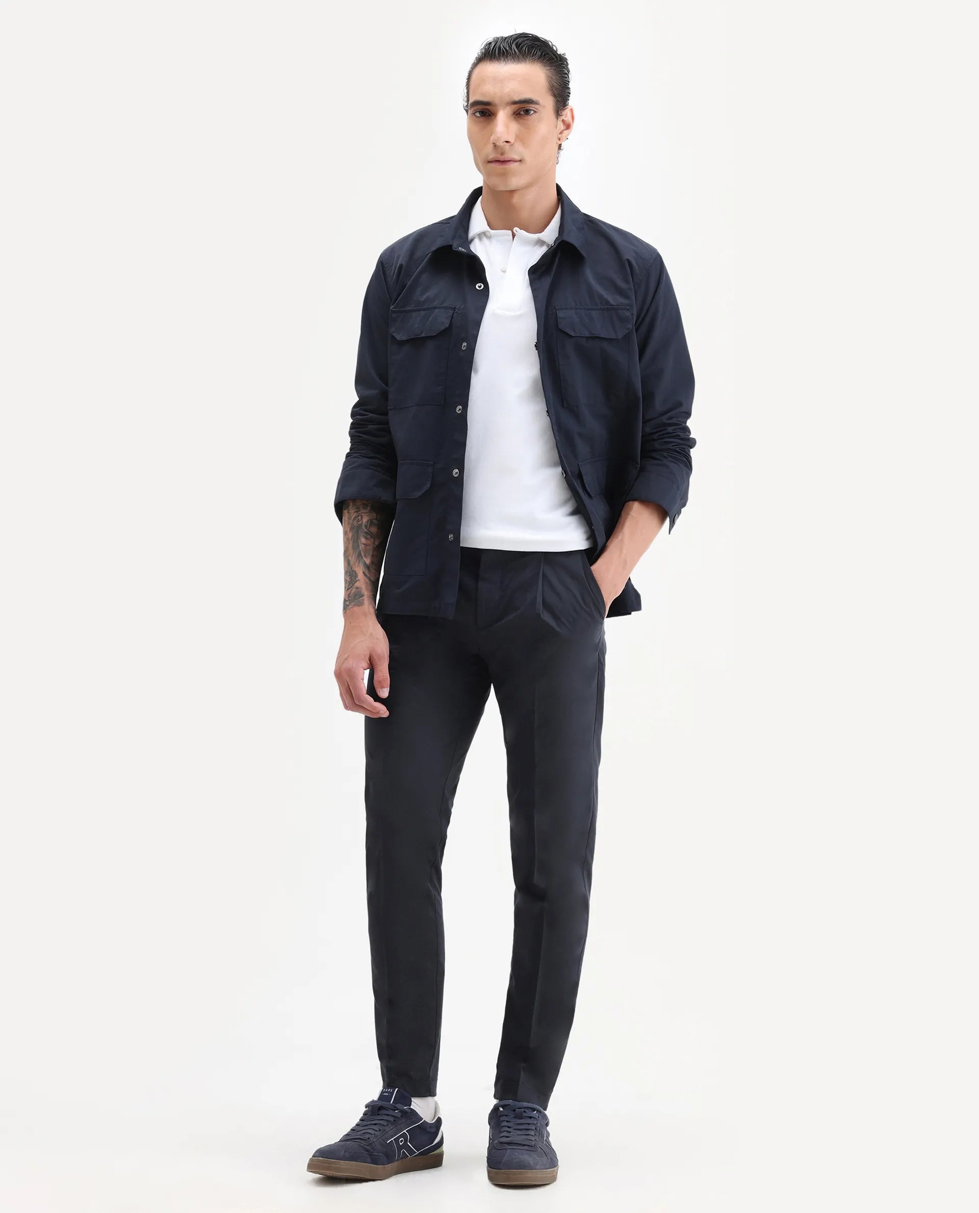 Rare Rabbit Men's Sapporo Navy Cotton Plain Slim Fit Trouser