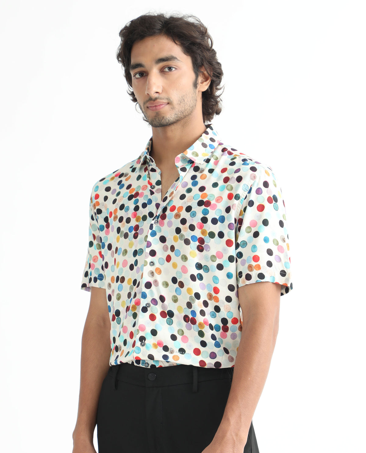 Rare Rabbit Men's Sara White Cotton Fabric Polka Print Half Sleeves Shirt