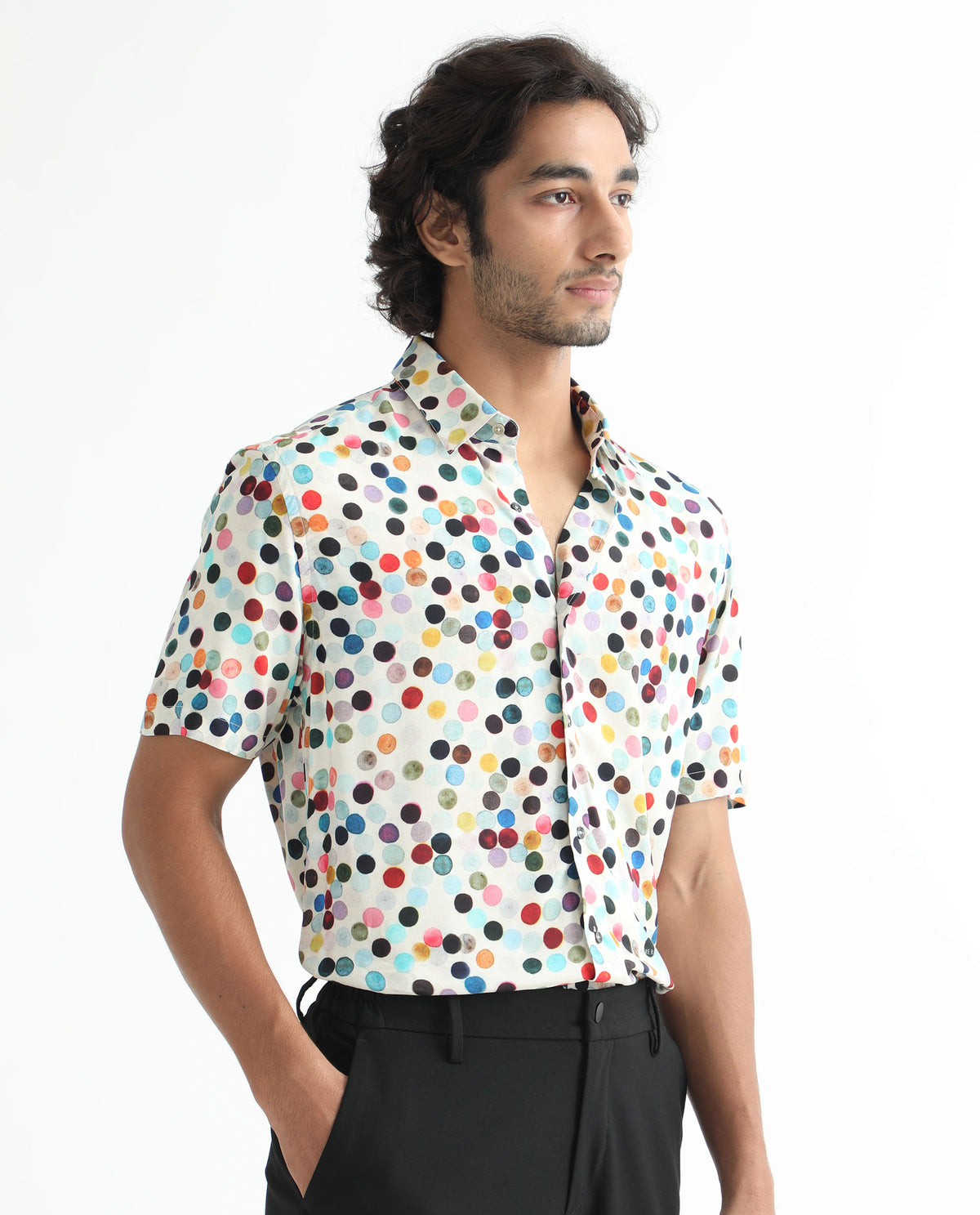 Rare Rabbit Men's Sara White Cotton Fabric Polka Print Half Sleeves Shirt